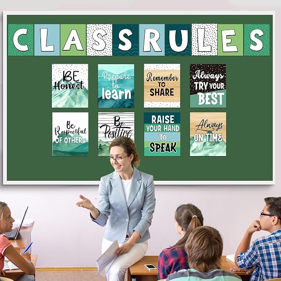 Janlaugh 18 Pcs Class Rules Poster Set 11.81 x 9.84 inches Back to School Class Rules Posters Motivational Bulletin Board Decor for Preschool Classroom Wall Decoration(Green Mountains)