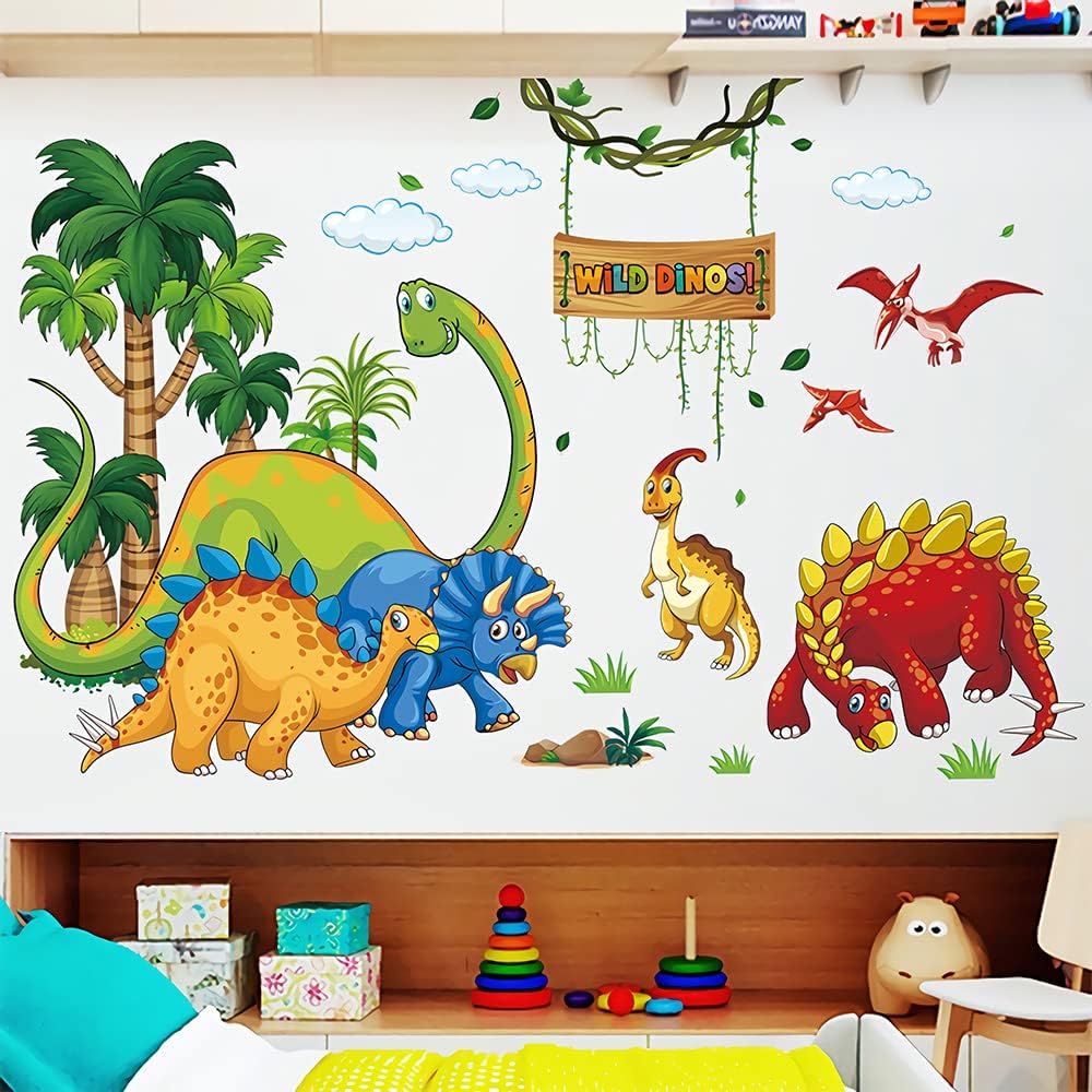 Supzone Cartoon Dino Wall Decal - Wild Tree & Dinosaur Wall Art Sticker for Boy's Room, Kids, Baby Nursery, Playroom, Living Room Decor