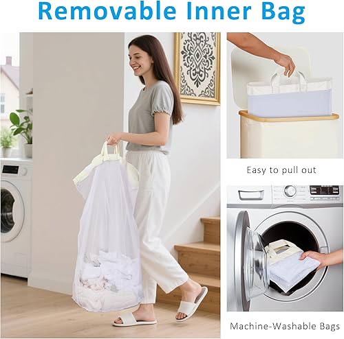 Miniatura 4 de efluky Laundry Basket with Lid and Removable Bag, 100L Tall Laundry Hamper with Bamboo Handles, Aesthetic Dirty Clothes Bin for Laundry Room, Beige