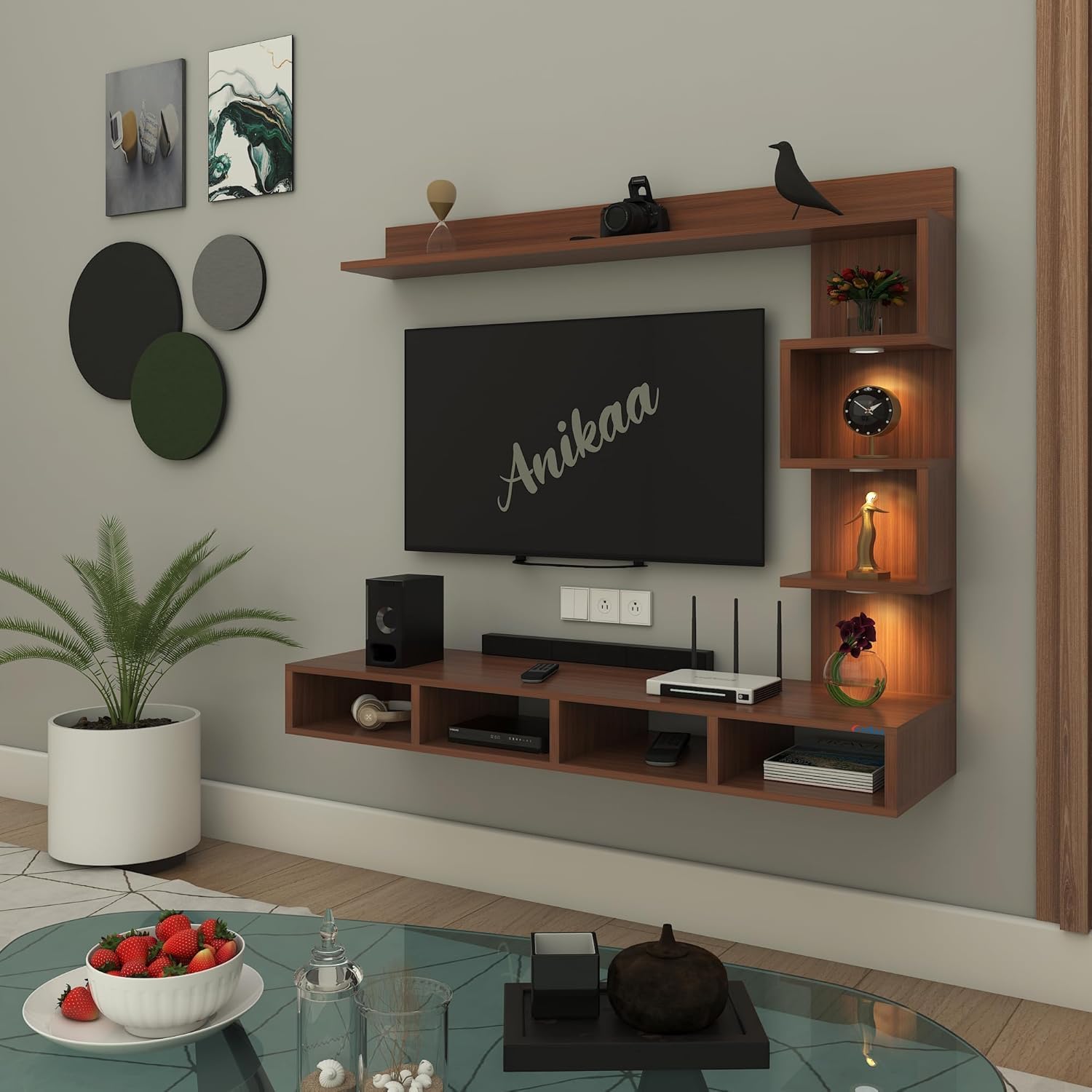 Anikaa Kasey LED Light Wall Mount TV Unit Engineered Wood TV Cabinet Wall TV Stand for Living Room- (Walnut) (Ideal for 55 Inch)(D.I.Y) (B0DFW9T7WP) Amazon Price History, Amazon Price Tracker