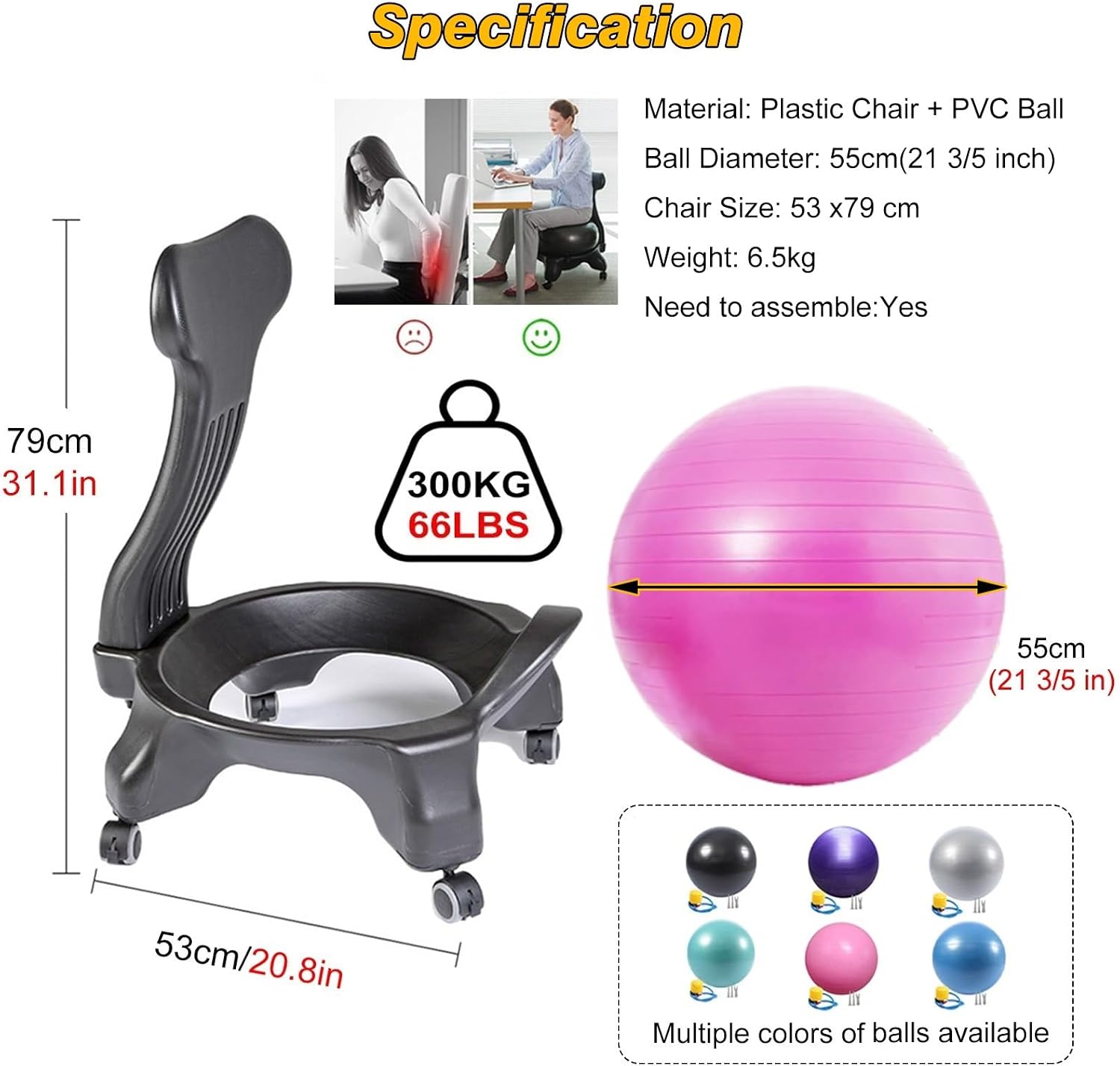 Pink Balance Ball Chair for Adults, Adjustable Active Sitting Medicine Ball Chairs - Spine Support Rehabilitation Chair, 21 3/5 Inch Fitness Ball Rolling Stool