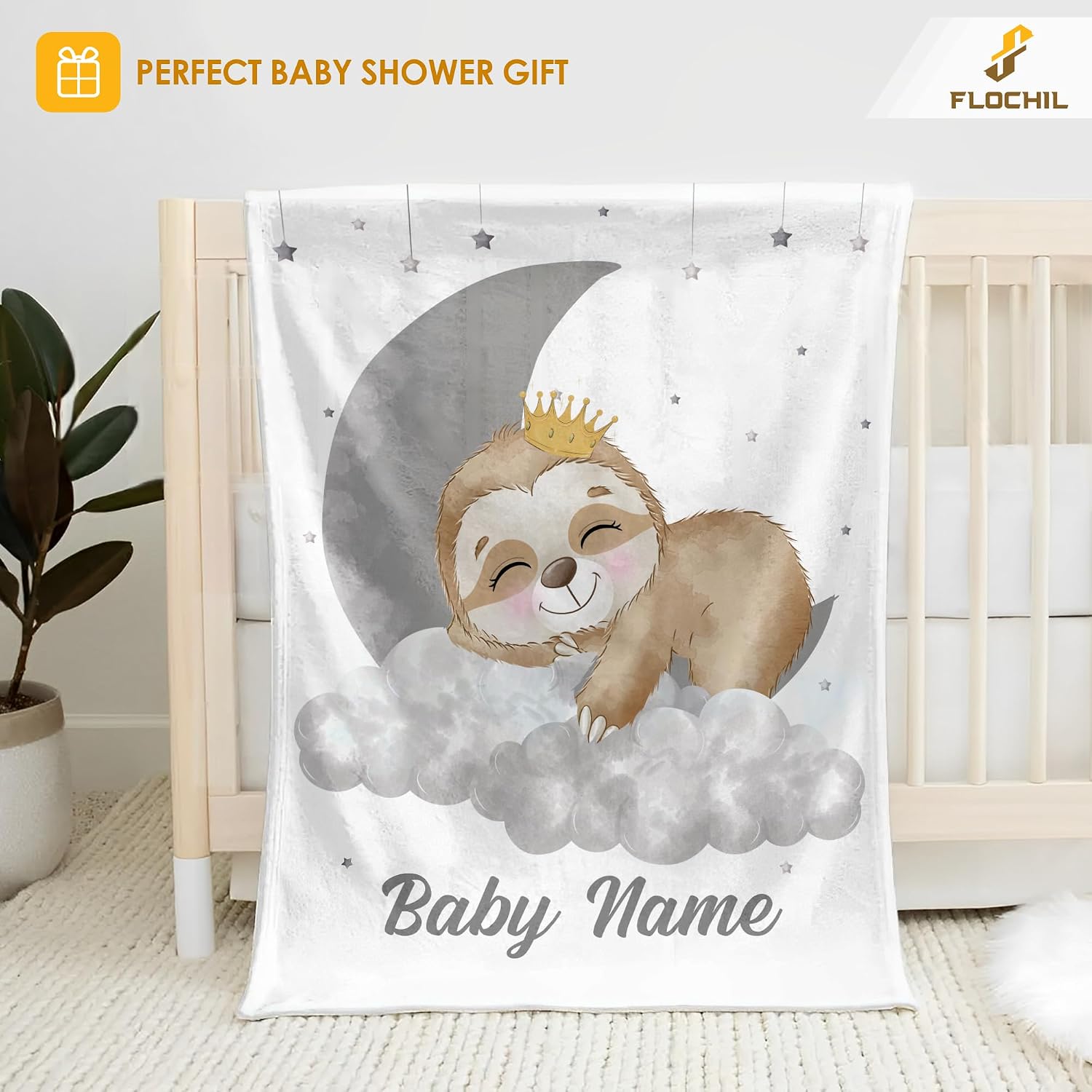 FLOCHIL Personalized Baby Blanket for Boys, Custom Baby Blanket with Name, Customized Sloth Baby Blanket, Gift for Baby Shower, Toddler, Babies, Newborn