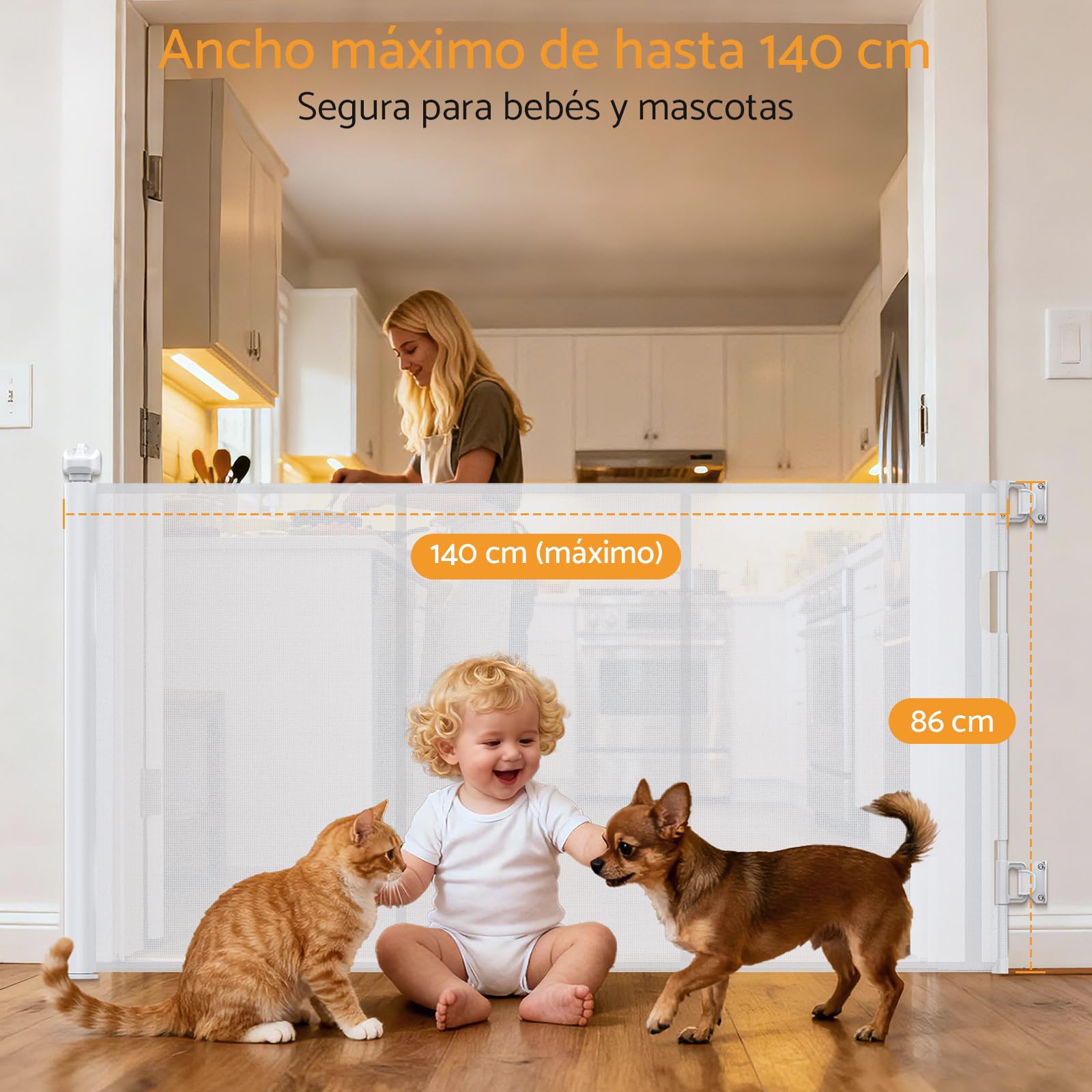 Barrera de Seguridad Extensible para Niños y Mascotas, de 0-140 cm, Barrera Retráctil con Refuerzo de Fibra de Vidrio y Cierre de Pomo, para Escaleras, Uso en Interiores y Exteriores, Blanco