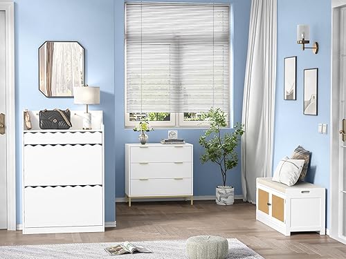 Miniatura 8 de Anmytek Zapatero blanco con 2 cajones abatibles para entrada, armario estrecho para zapatos, organizador de almacenamiento oculto independiente para