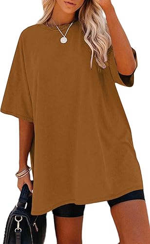 Remidoo Camiseta de gran tamaño para mujer, cuello redondo, manga corta, holgada, de algodón