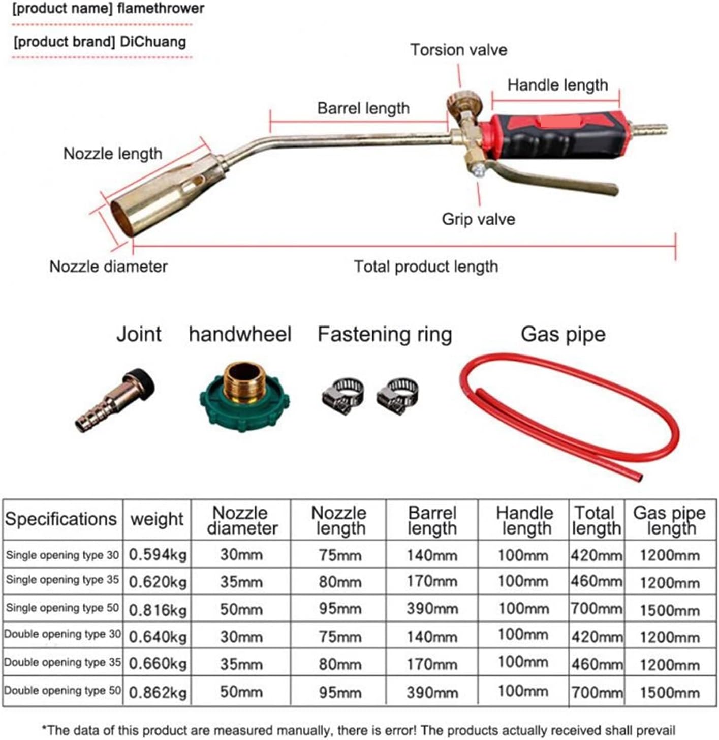 PROPFE Welding Gun Burner Welding Gas Torch Flame Gun Brazing Flamethrower Outdoor Camping BBQ Portable Soldering Heat Gun Welding Equipment (Length : As Shown, Welding Diameter : 30 Double Open)