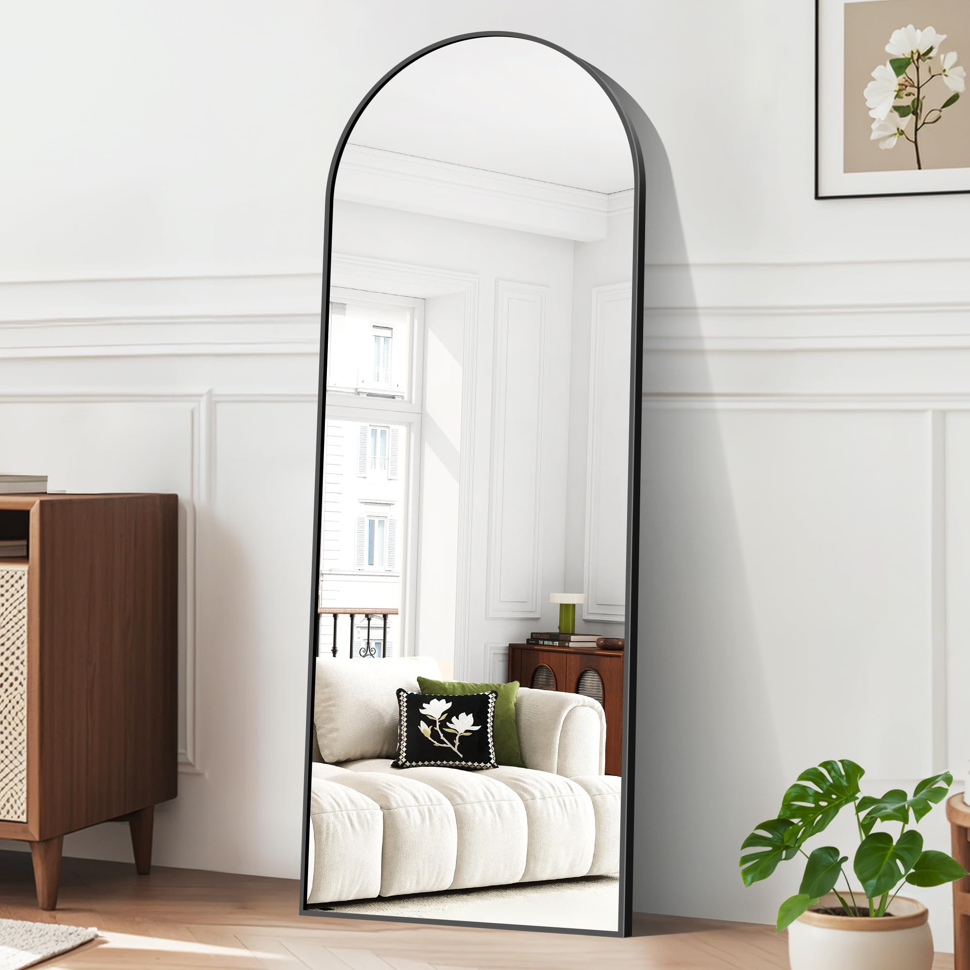 BONEWEI Specchio da Terra ad Arco, 165 x 60 cm Specchio da Parete Grande con Cornice in nero Alluminio, Specchio da Terra da Appoggiare o Appendere per Soggiorno, Camera da Letto, Ingresso