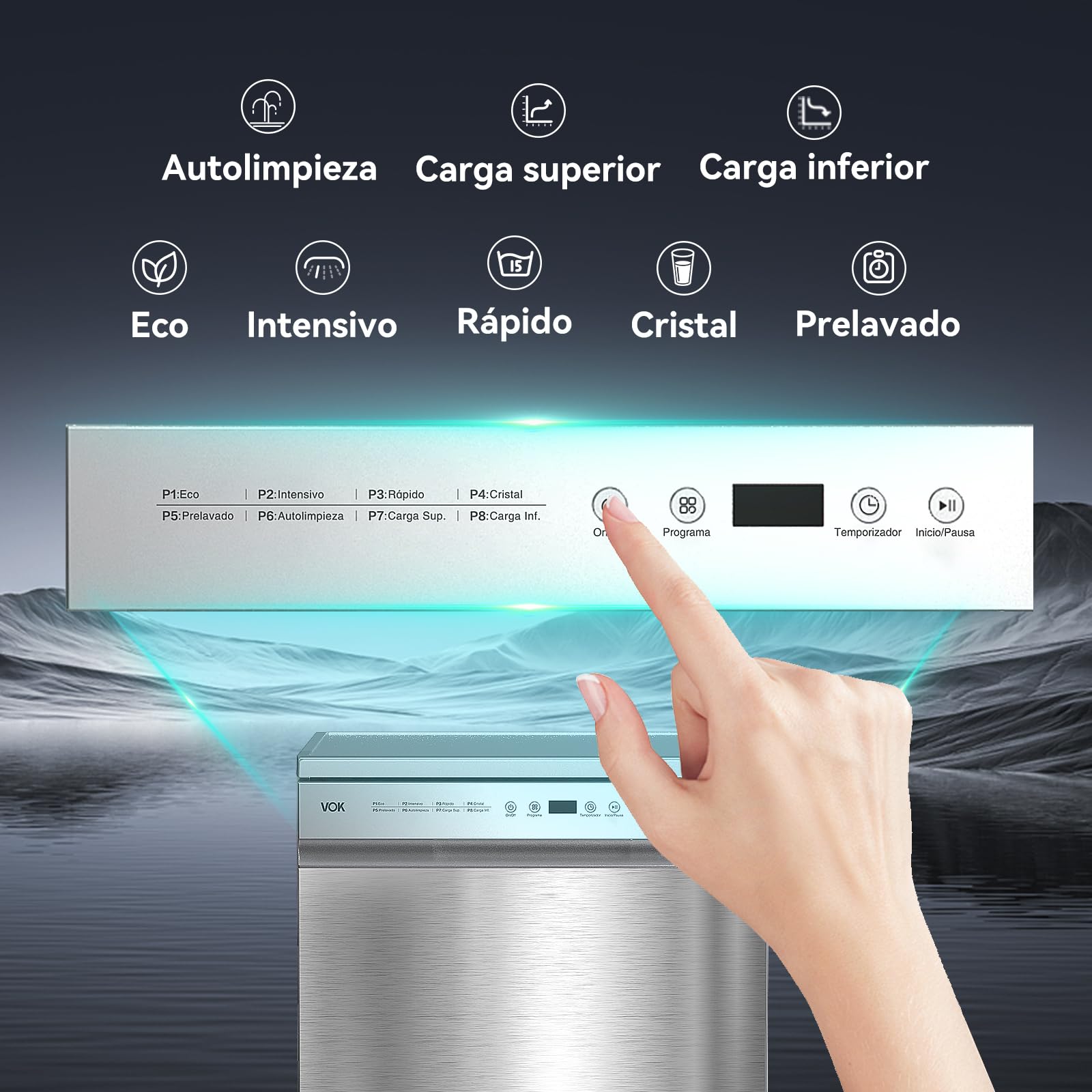 VOK Lavavajillas 60 cm 14 Cubiertos Inox – 3ª Bandeja, 8 Programas, 47 dB Silencioso, Apertura Automática, Aquastop, Cesta Ajustable – Eficiencia Energética C – Instalación Incluida
