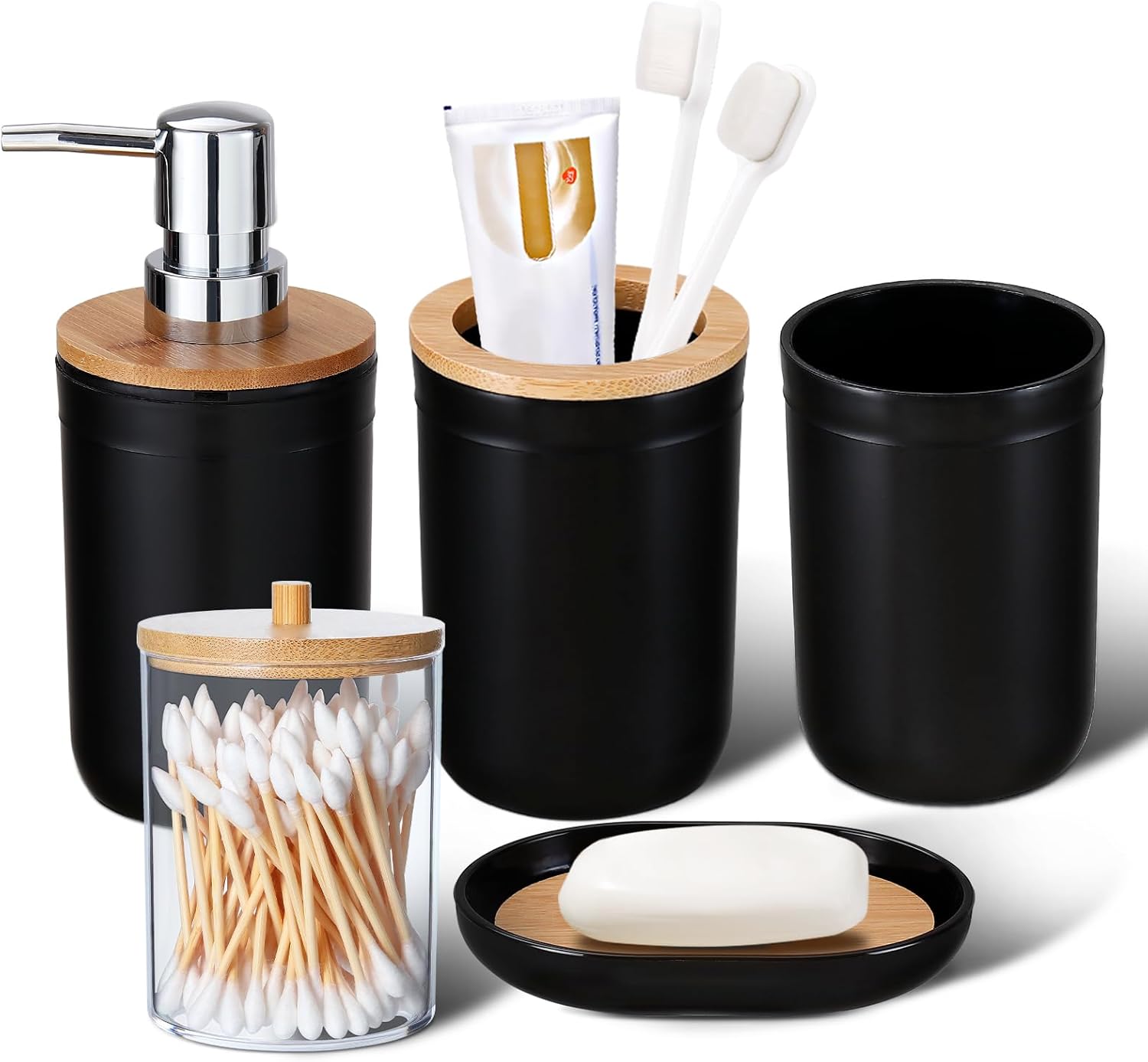 iMucci Bathroom Accessories Set 5 Piece Plastic Bathroom Decor Sets Accessories, Toothbrush Holder, Toothbrush Cup, soap Dispenser, soap Dish(Black Bamboo Cover) iMucci Bathroom Accessories Set 5 Piece Plastic Bathroom Decor Sets Accessories, Toothbrush Holder, Toothbrush Cup, soap Dispenser, soap Dish(Black Bamboo Cover)