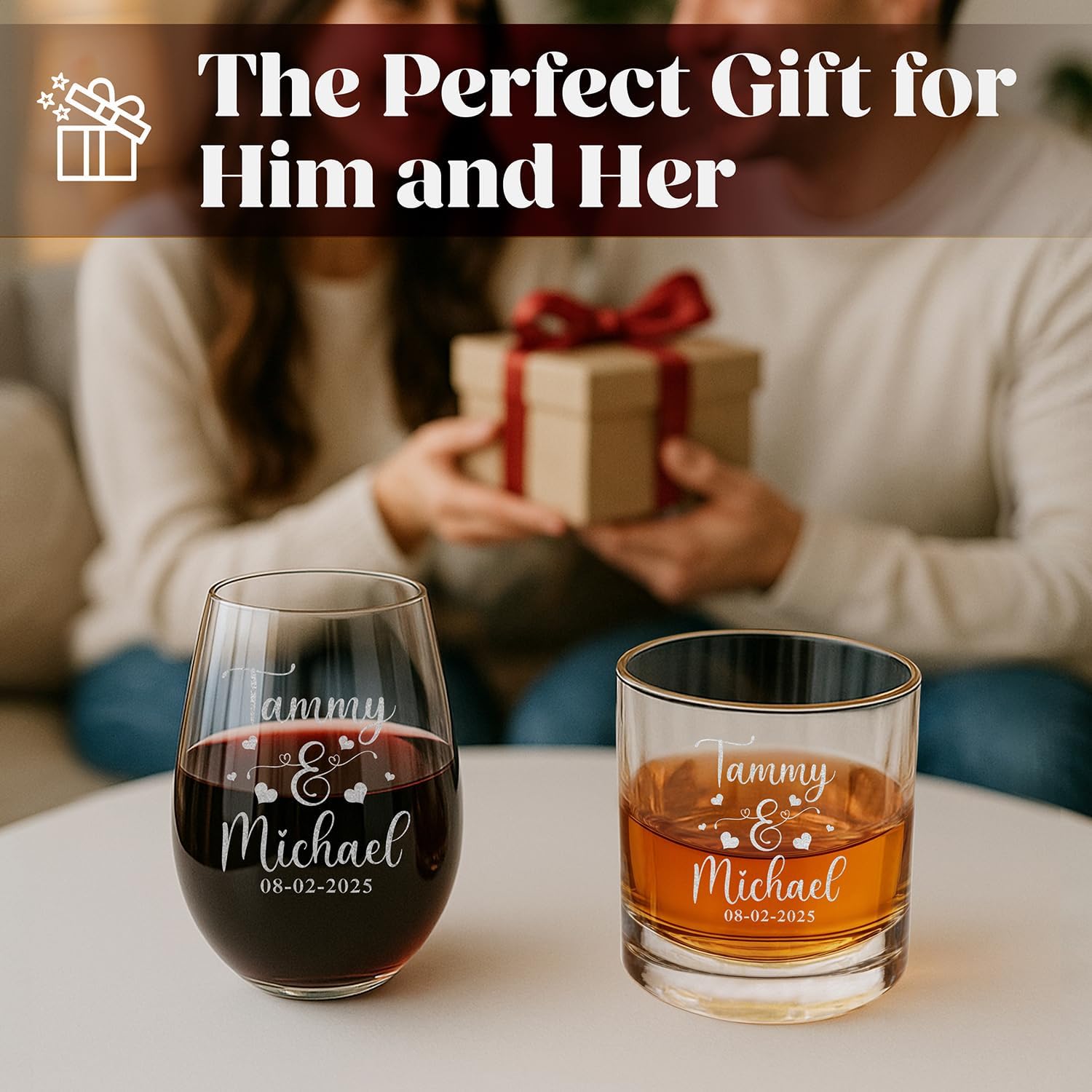 shop4ever Set of 2 Couples Names and Date with Hearts Engraved Whiskey 11 oz. and Stemless Wine Glass 15 oz. Couples Gift Set with Box