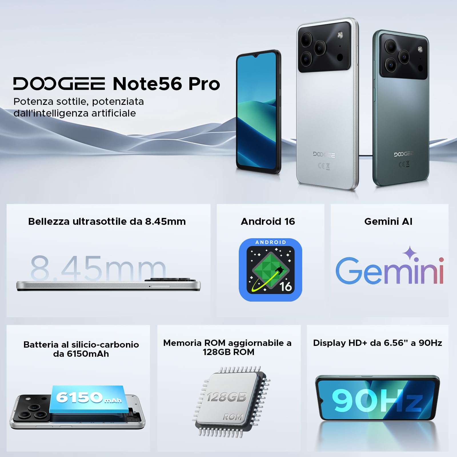 DOOGEE Note 56 Pro Smartphone Android 16, 32GB+128GB/TF 2TB Telefono Cellulare, 6.56" HD+ 90Hz Telefoni, 6150mAh Octa Core Cellulari, 13MP+8MP/Face ID/4G Dual SIM/Widevine L1/OTG/Tipo-C/NFC/3.5mm Jack
