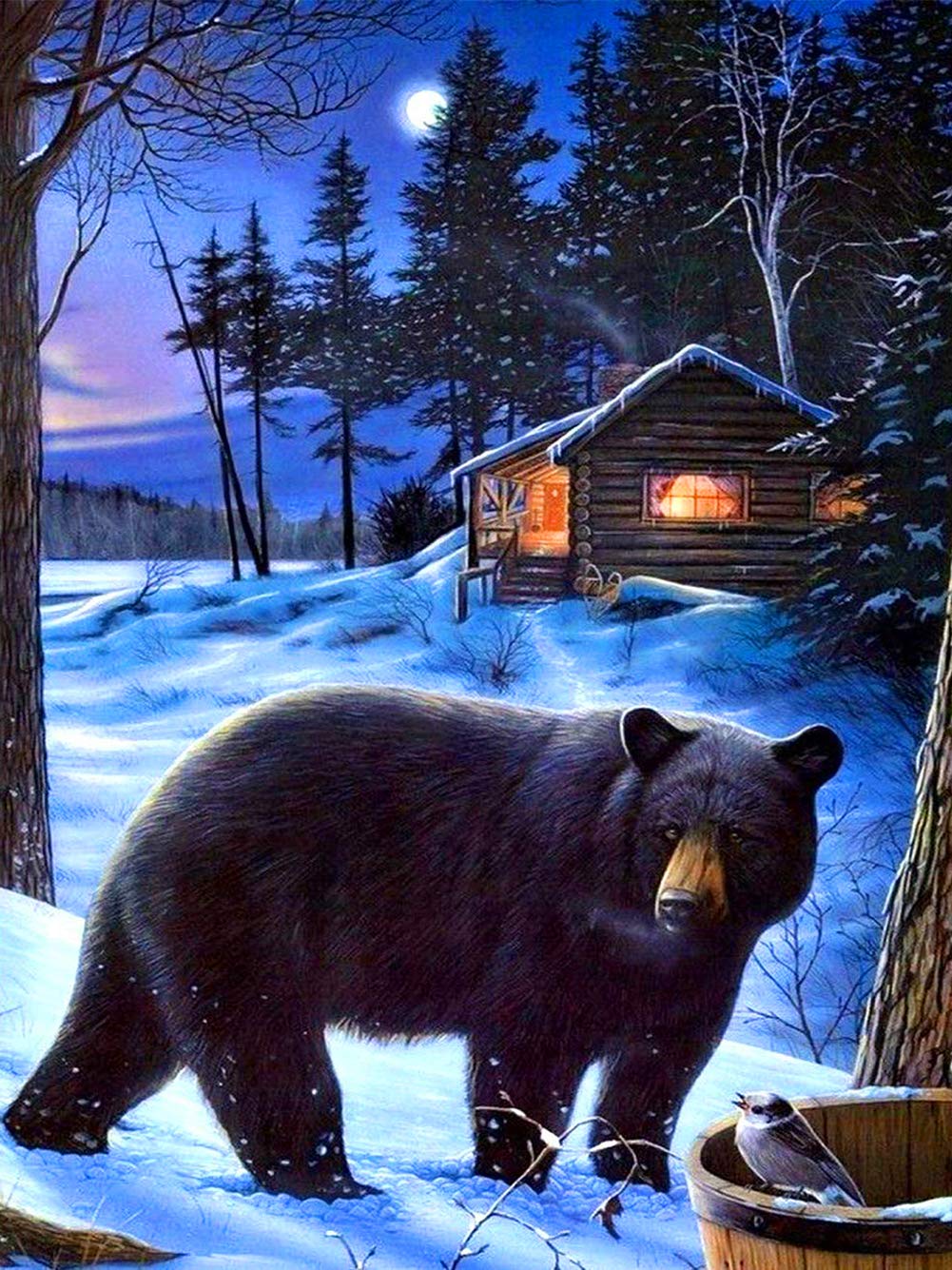 Abeuty Black Bear 5D Diamond Painting Diy Full Drill Rhinestones, Snow Mountain Tree House Moon Animal, Paint With Diamonds Crystal Diamond Art Kits (Black Bear)