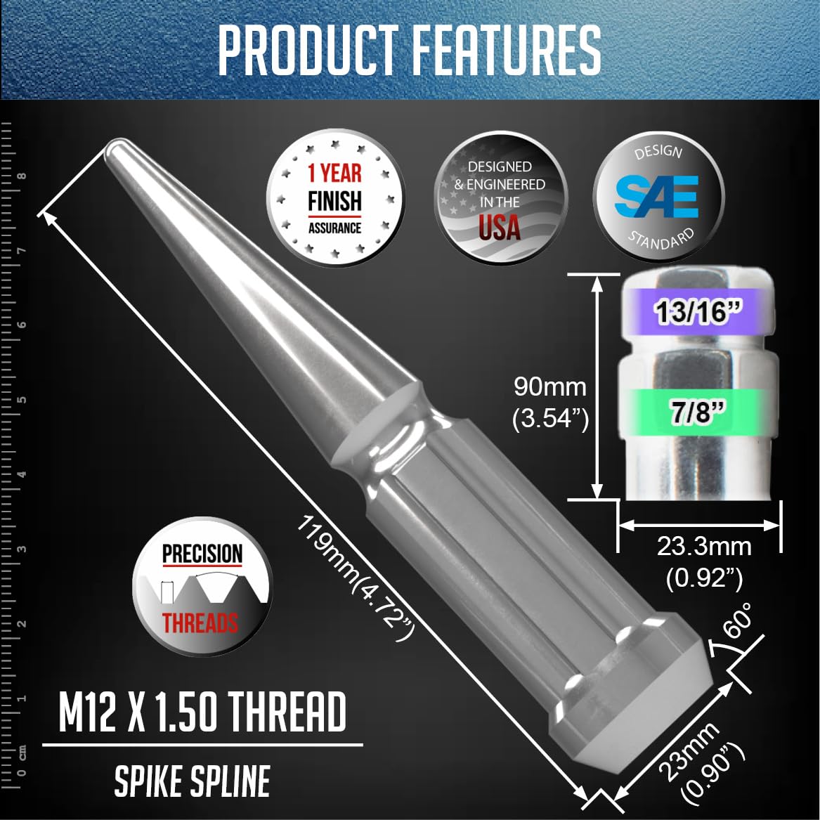 Wheel Accessories Parts 24 Pcs M12x1.5 12x1.5 Thread Spike Spline 4.40" Long Lug Nuts Chrome 7/8" & 13/16" Hex Fits Chevy Blazer Colorado GMC Jimmy Canyon ｜ Ford Bronco Ranger (No Raptor)