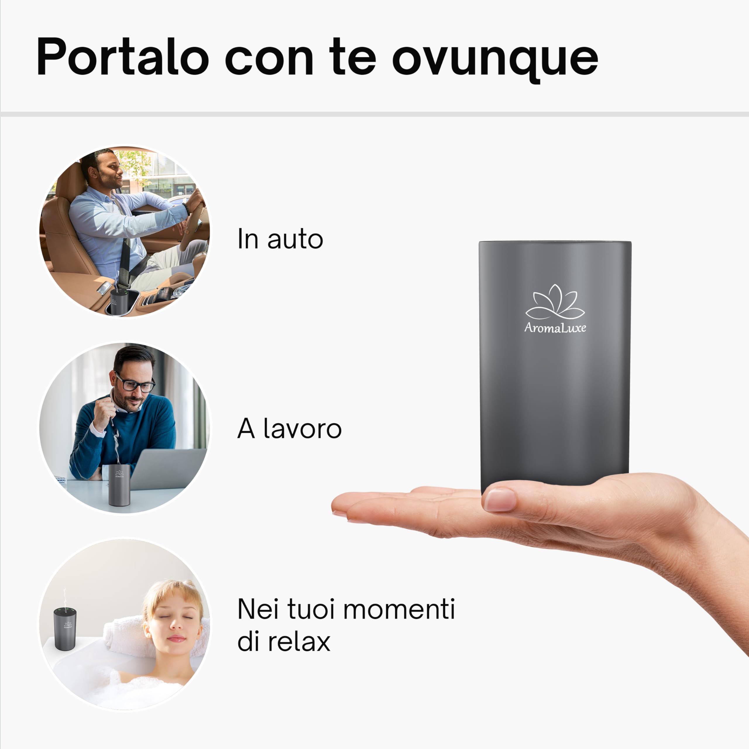 AromaLuxe - Diffusore Oli Essenziali Senza Fili a Batteria Ricaricabile USB-C, Senza Acqua, Ideale per Auto, Robusto in Alluminio, Intensità e Timer regolabile, Grigio