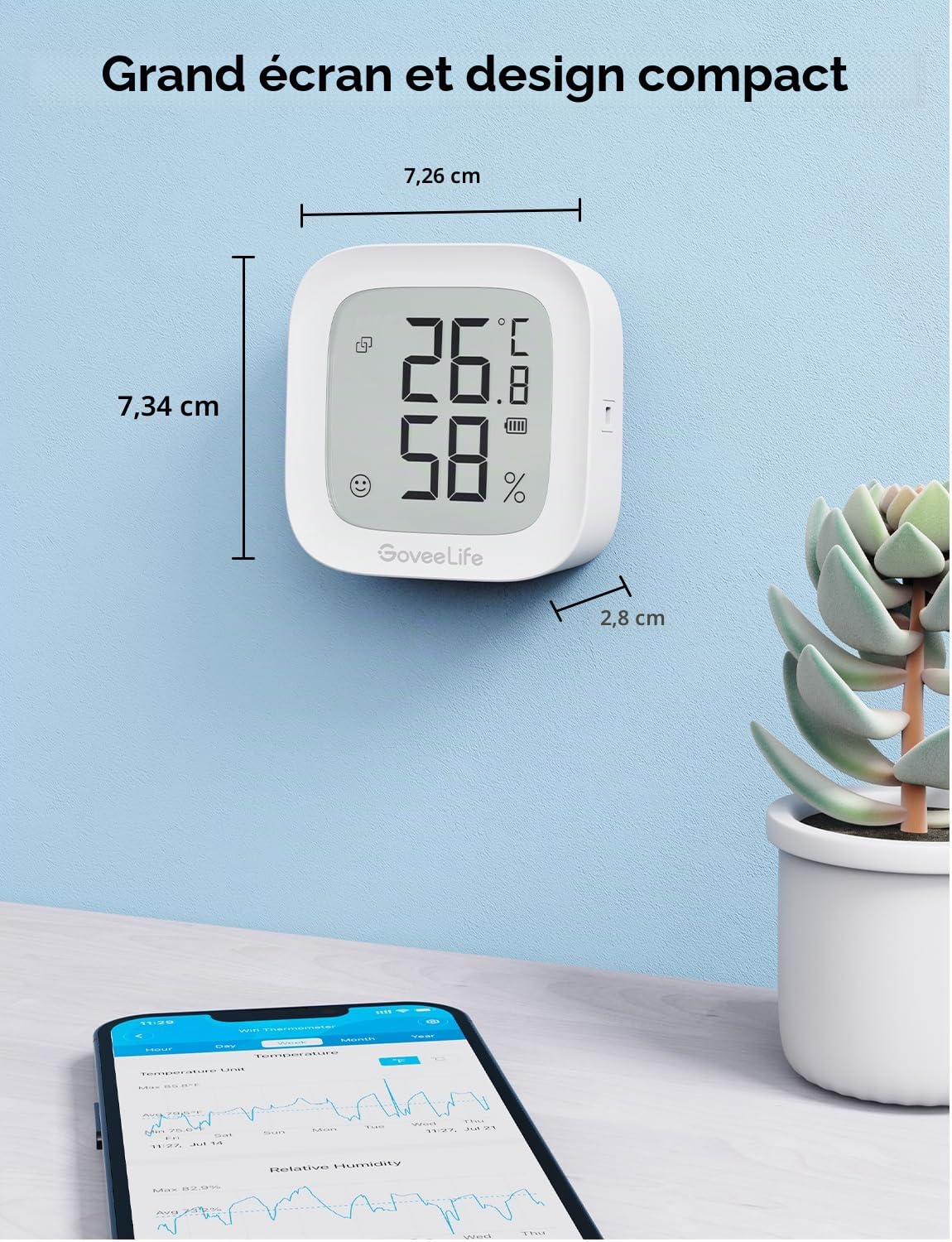 GoveeLife Hygromètre Wi-Fi Thermomètre numérique Température Humidité Intérieur Contrôle à distance Notification Application Stockage Données