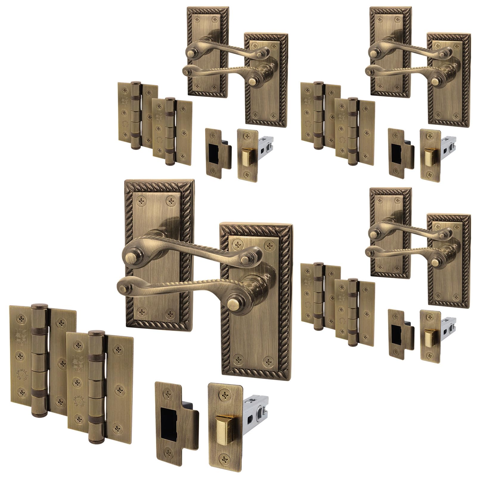 Eai Antique Brass Georgian Scroll Door Handle Latch Set - 4 Pairs Internal Handles, Hinges (76Mm) & Latch (64Mm) - Rope Design