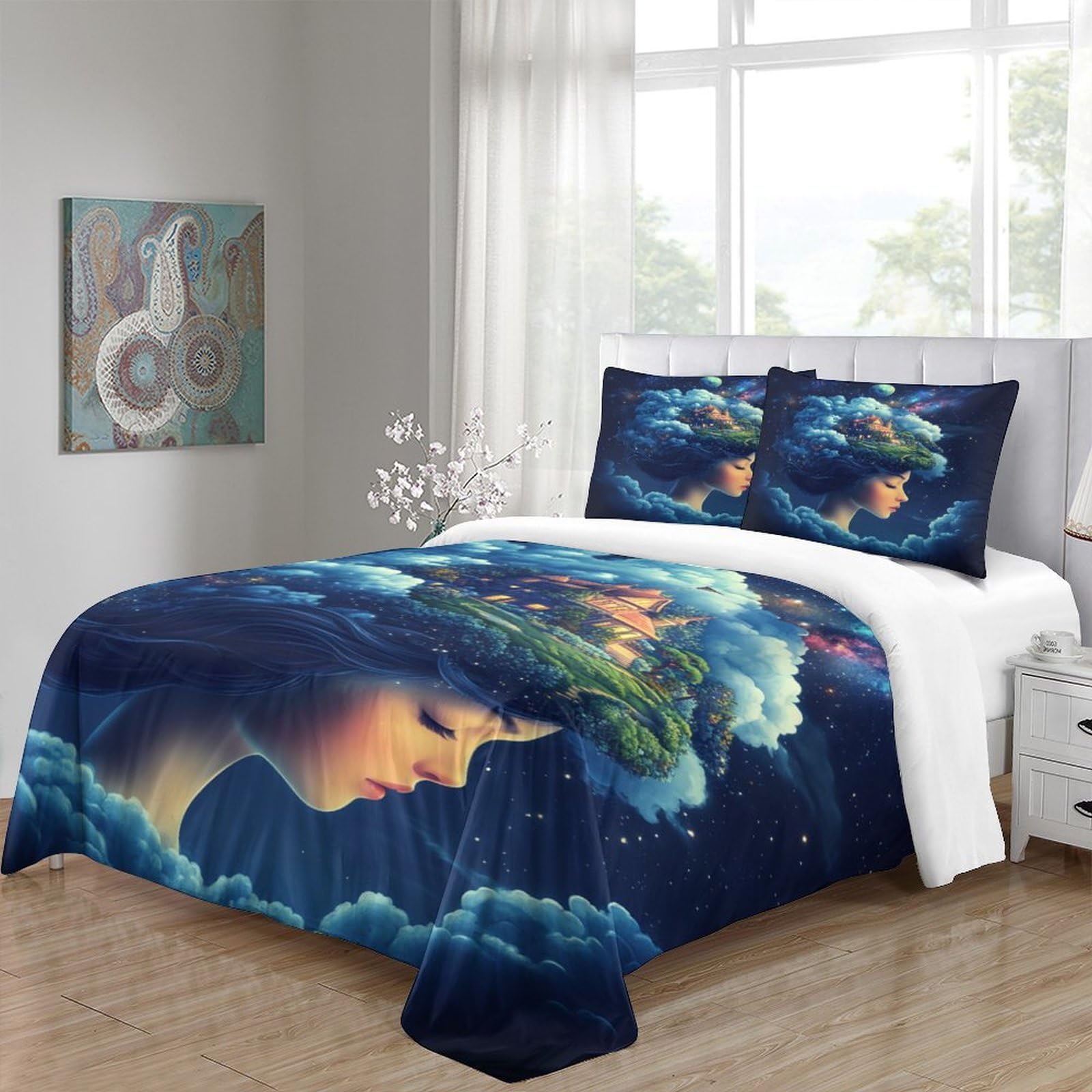 Fantasia onirica Impressione 3D 3 pz cover piumone Stile artistico fantasy fodera per edredone microfibra morbida ipoallergenica per ragazze donne adulti Super king（260x220cm）