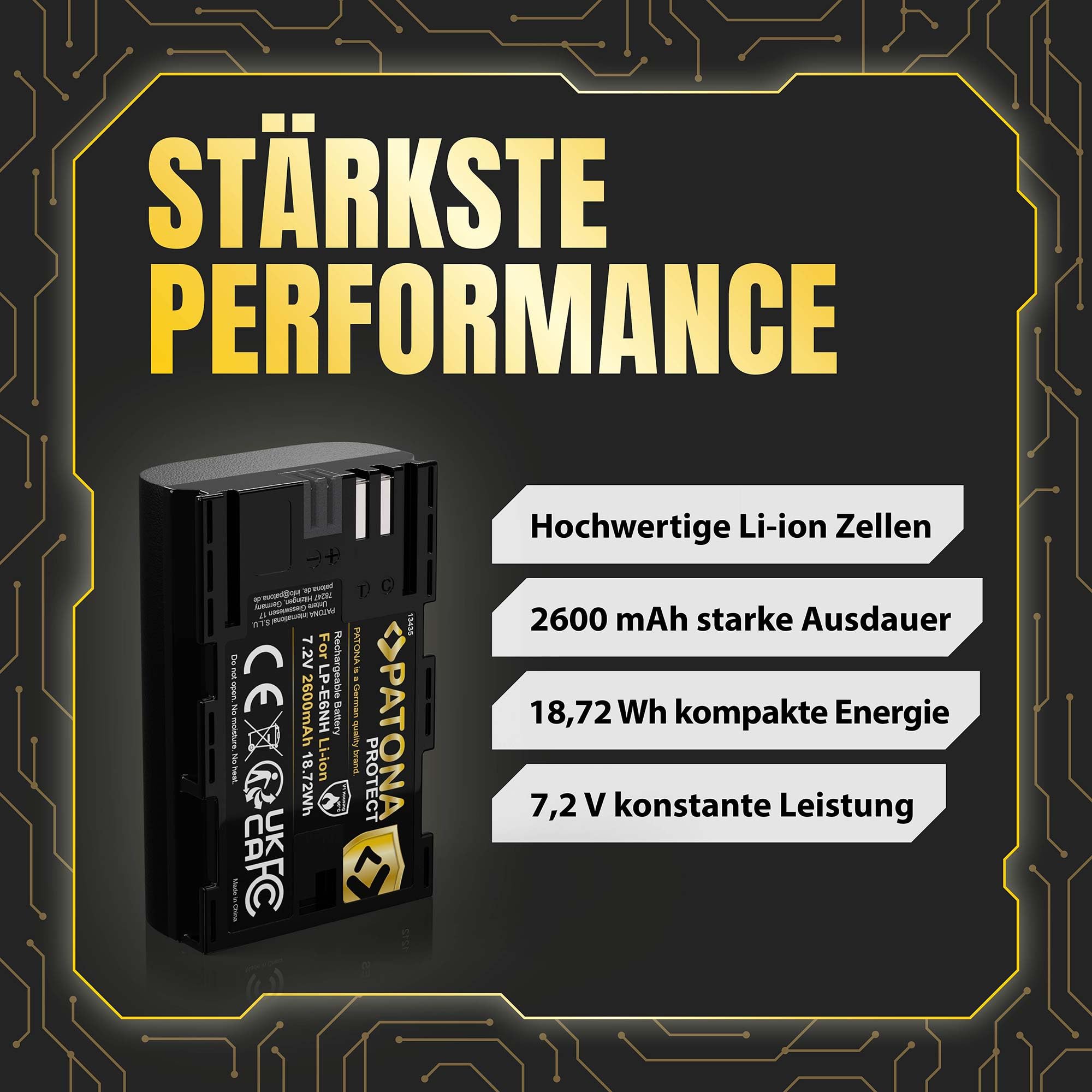 PATONA Protect Akku Ersatz für Canon LP-E6NH LP-E6 2600mAh 7.2V | Ersatzakku für EOS R5 R6 R6II R7 5D Mark I-IV 5DS 60D 6D 70D 7D 80D 90D WFT-E5 E7 XC10 XC15, mit NTC-Sensor & Schutzgehäuse