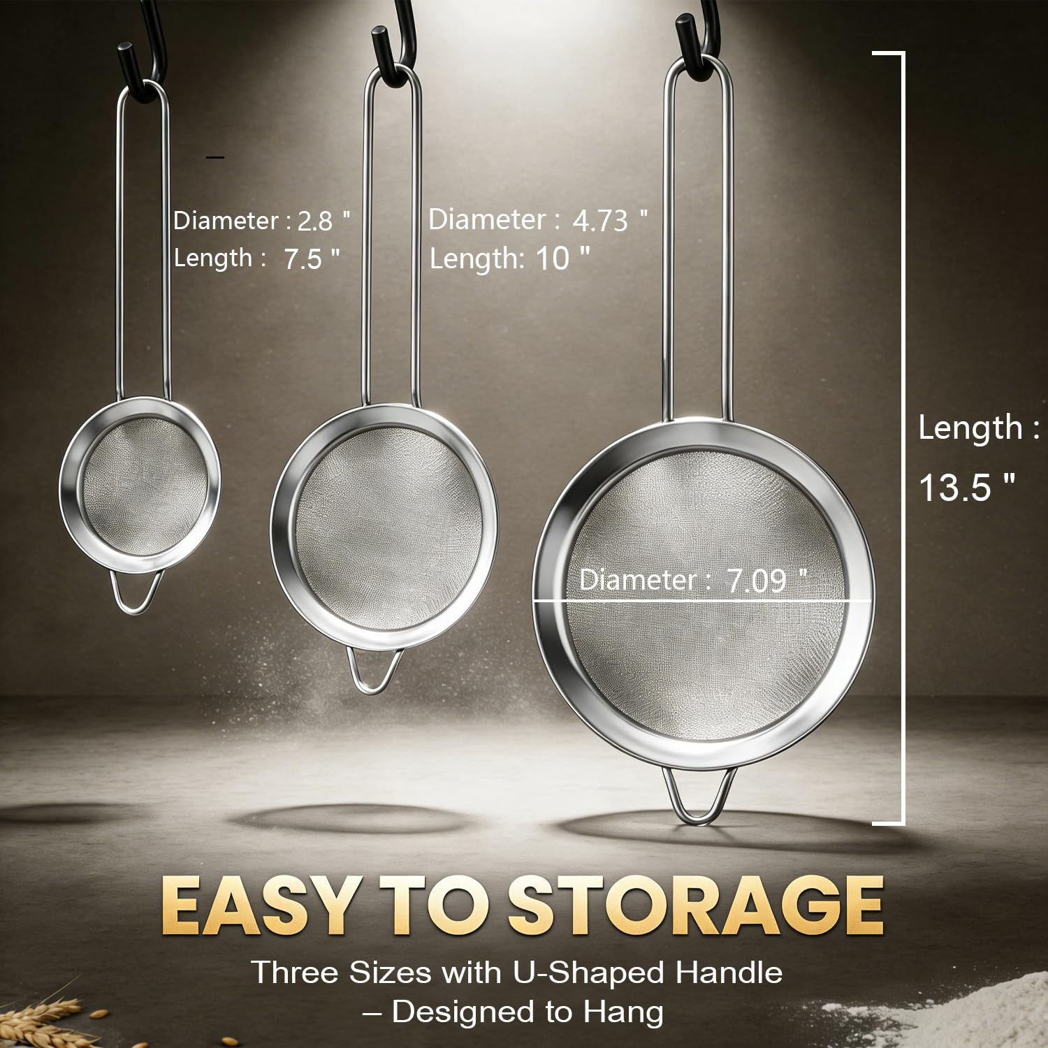 Anaeat Colino a maglia fine in acciaio inox di alta qualità, con rete resistente e manico robusto, eccellente per setacciare ingredienti secchi, farina, pasta, riso, tè (7,1 cm + 12 cm + 18 cm)