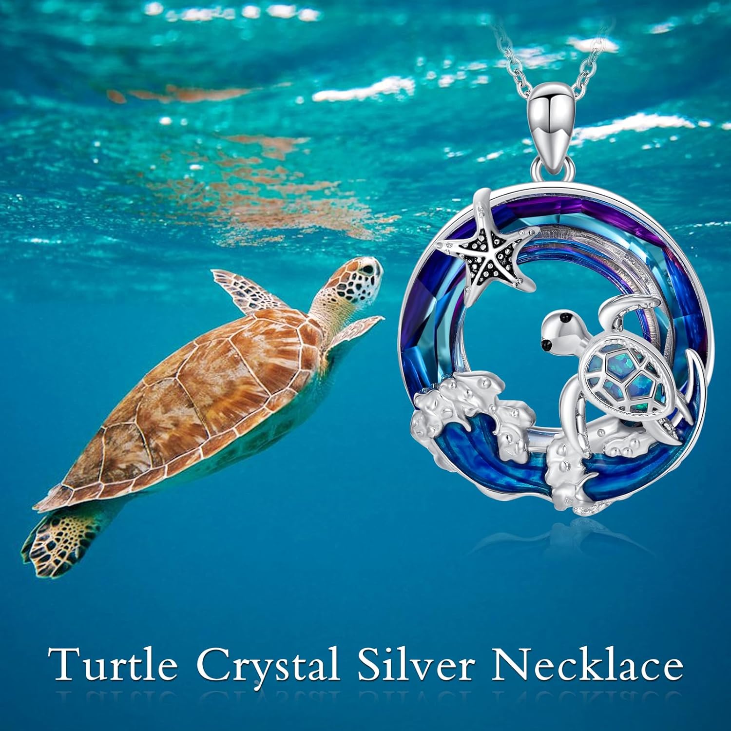 Sea Turtle Necklace for Women Ocean Animal Turtle Necklace Sterling Silver Blue Opal Crystal Beach Jewelry Graduation Ocean Gift for Her