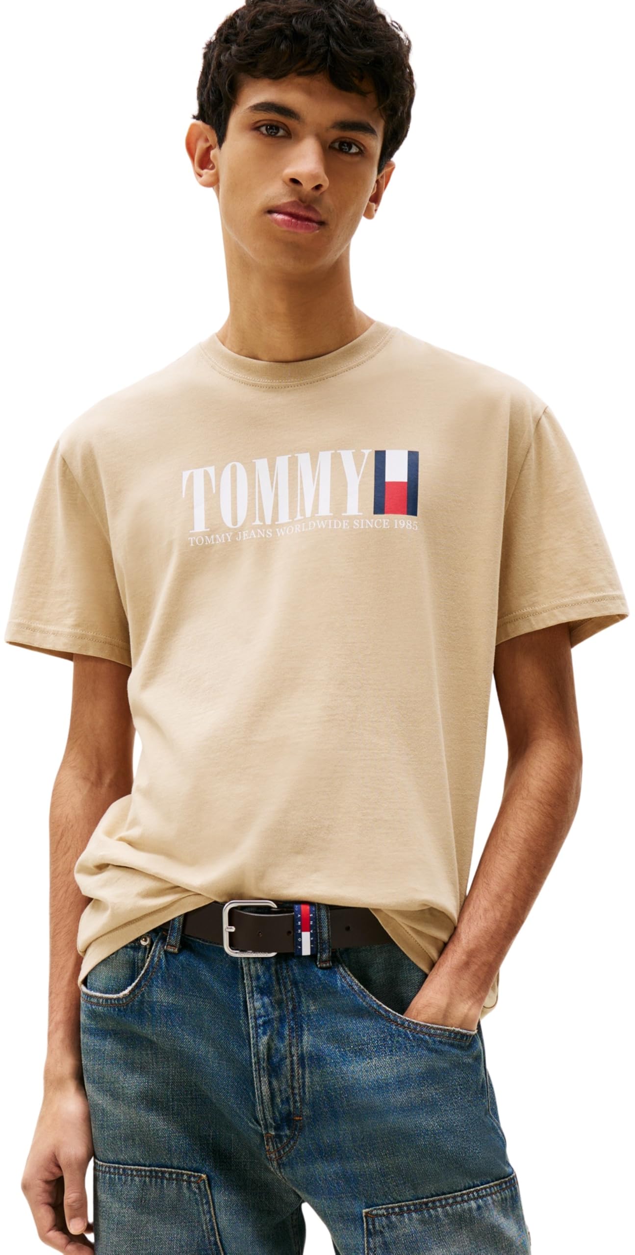 Tommy Jeans Mens TJM Reg DNA Flag Tee Ext Dm0dm21941 S/S T-Shirt, Khaki (Silt), XS UK