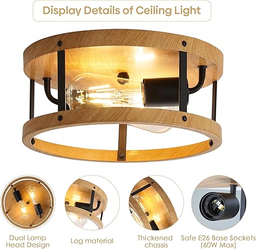 Miniatura 4 de 2-Light Industrial Flush Mount Ceiling Light Fixture,Black Farmhouse Ceiling Light Fixture,Modern Flush Mount Light Fixture for Kitchen Bedroom
