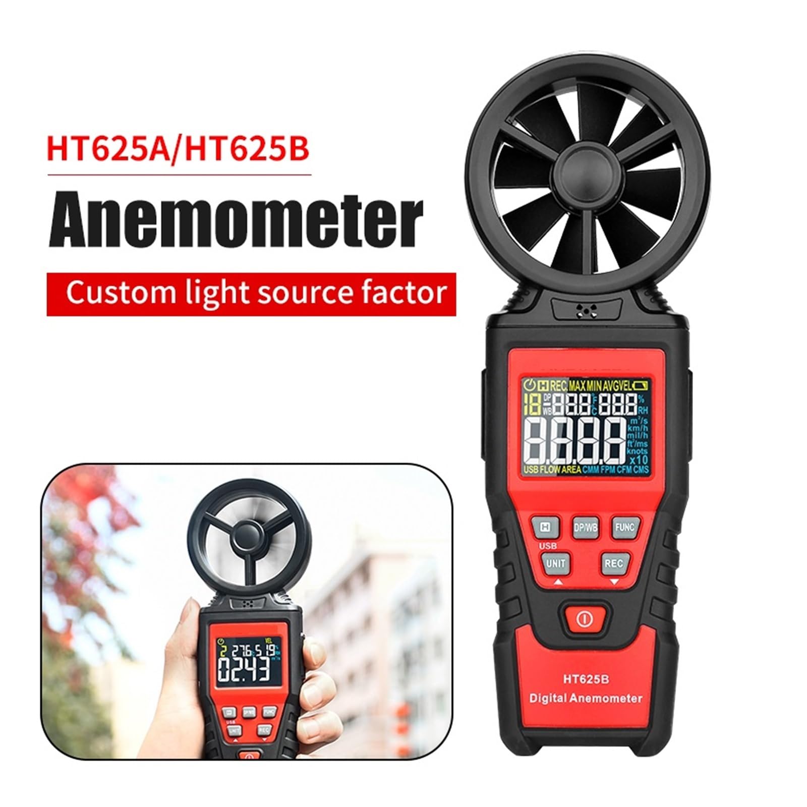 Cyfrowy Anemometr Przenośny Ręczny Miernik Prędkości Wiatru Wiatromierz Wyświetlacz LCD Z Podświetleniem Temperatury I Wilgotności Precyzyjny Pomiar(HT625B Anemometer)