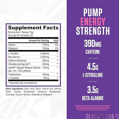 Miniatura 2 de RYSE Loaded - Polvo de preentrenamiento  Uva Bazooka  Preentrenamiento diario para hombres y mujeres con 390 mg de cafeína, beta alanina y citrulina