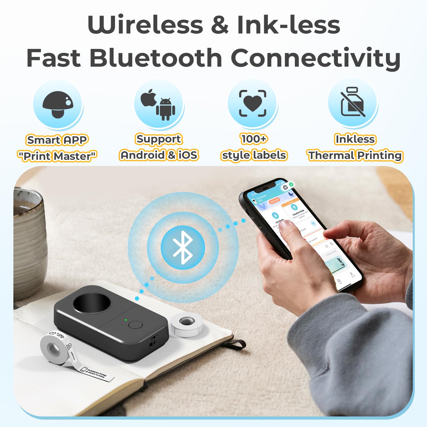 Phomemo D30 Etikettendrucker - Mini Etikettiergerät Beschriftungsgerät Selbstklebend Bluetooth Label Printer mit 5 Rollen etikettenpapier Geschenkbox,Label Drucker Geeignet für Haushalt und Büro-Grau