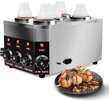 Commercial Electric Sauce Warmer Dispenser 0.68x5 Qt Hot Chocolate Nacho Cheese 86-185F Heater Hot Fudge with Bottles Adjustable