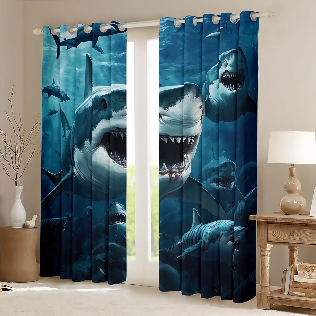 Castle Fairy 3D Shark Window Curtain Set of 2 Panels,Shark Sea Animal Underwater World Window Drapes,Nautical Marine Style Blackout Curtains for Kids Adults Bedroom Decor,Dark Bule 38Wx45L