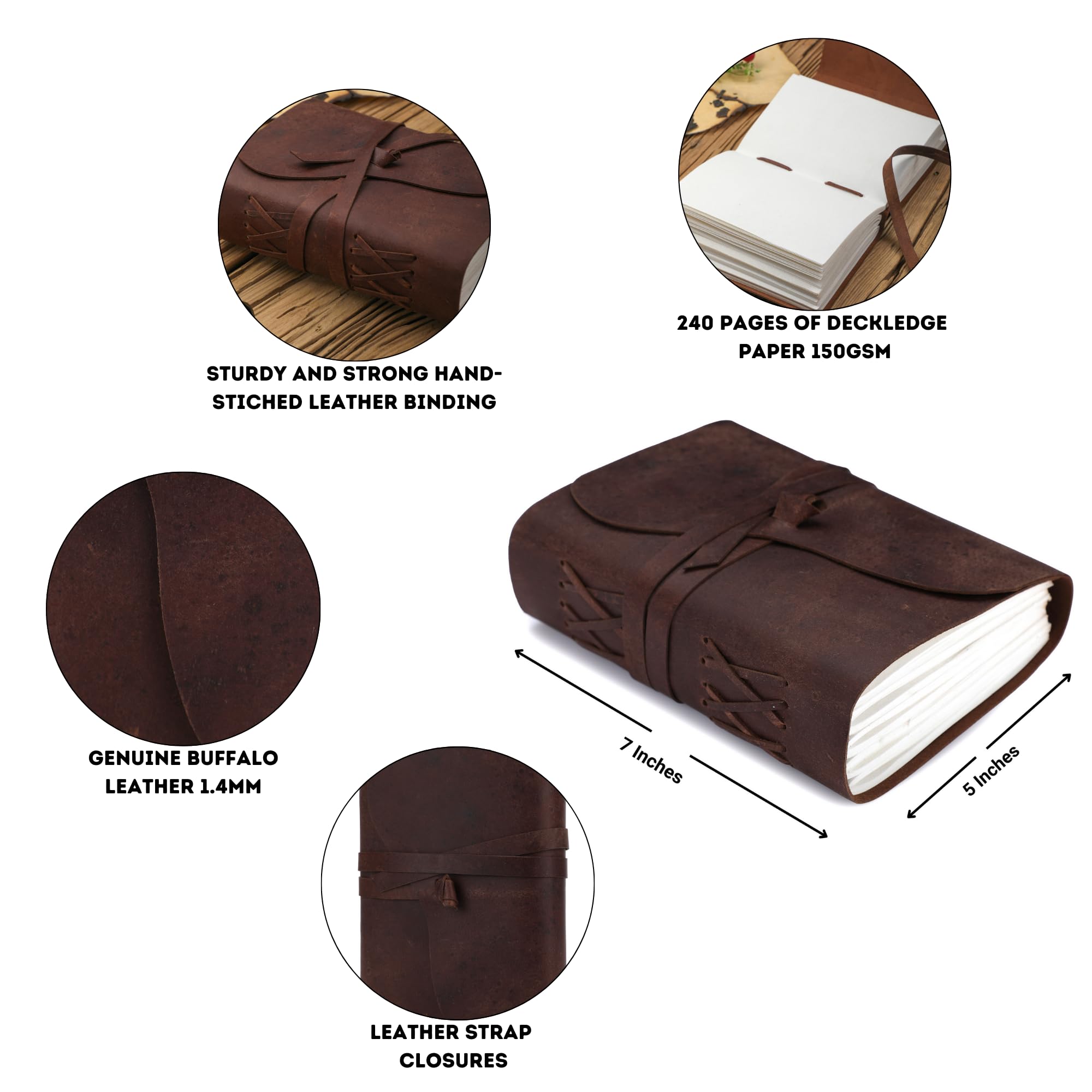 Fausta Handmade Vintage Leather Journal with Flap Closure, Brown, 7 x 5 inches - Image 3
