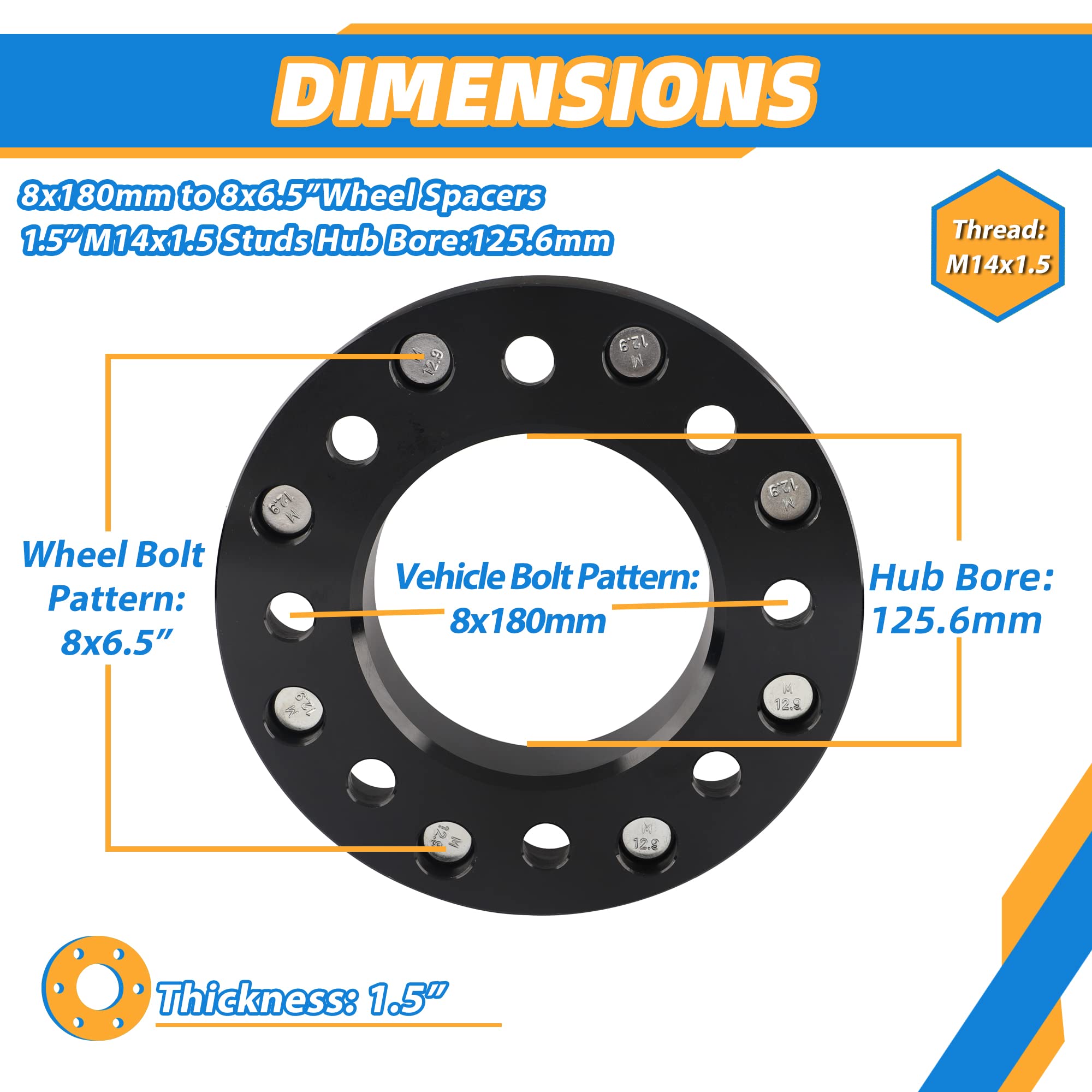 YIZBAP 2PCS 8x180 to 8x6.5 Wheel adapters, 1.5 inch 8x180mm to 8x165.1mm Wheel adapters 125.6mm