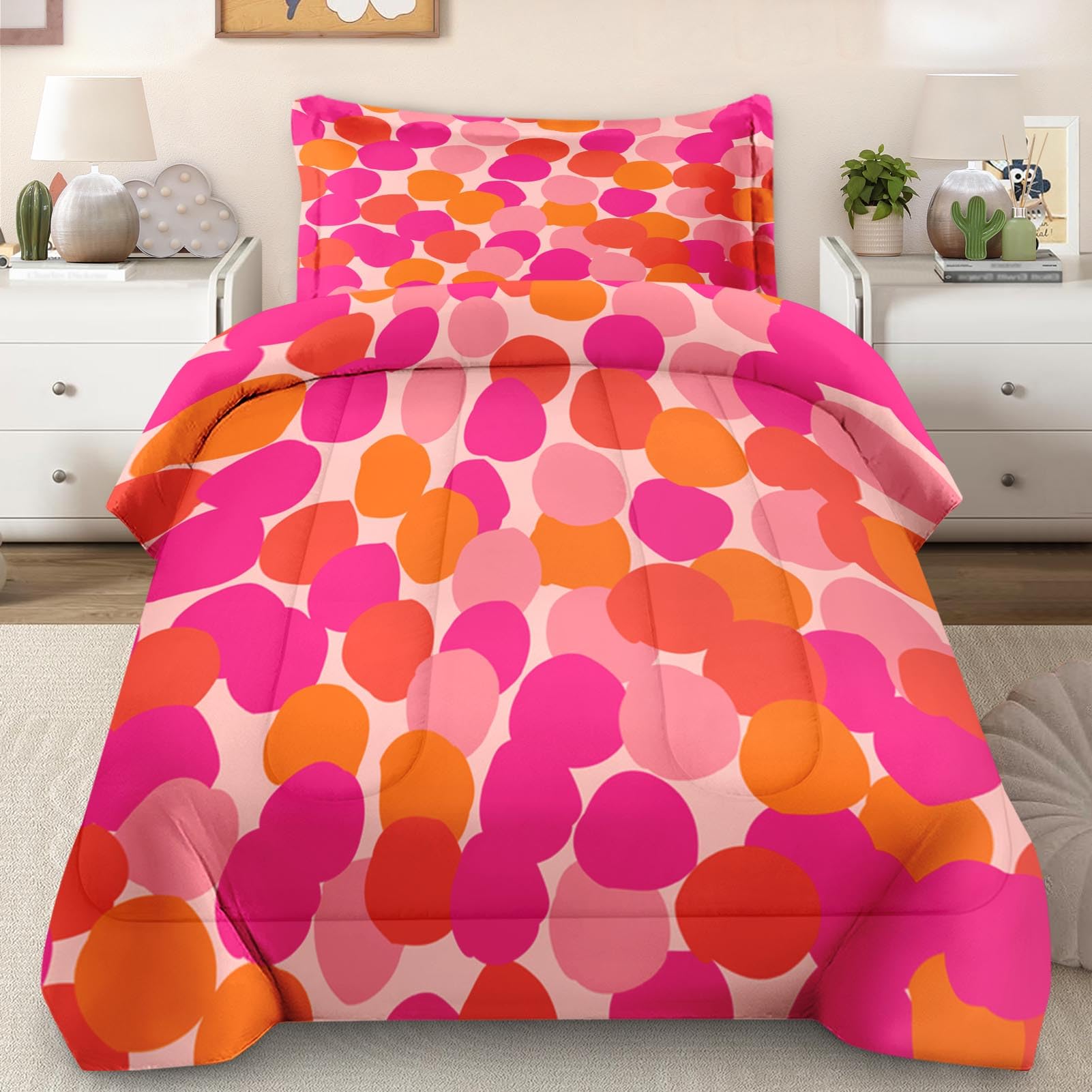 PamnestComforter Set Twin Size, Pink Orange Colorful Soft 2 Pcs Bedding for Kids and Adults, Fruit Retro Leaves Comforter Set with Pillowcase, for Bedroom Bed DecorOEKO-TEX STANDARD 100