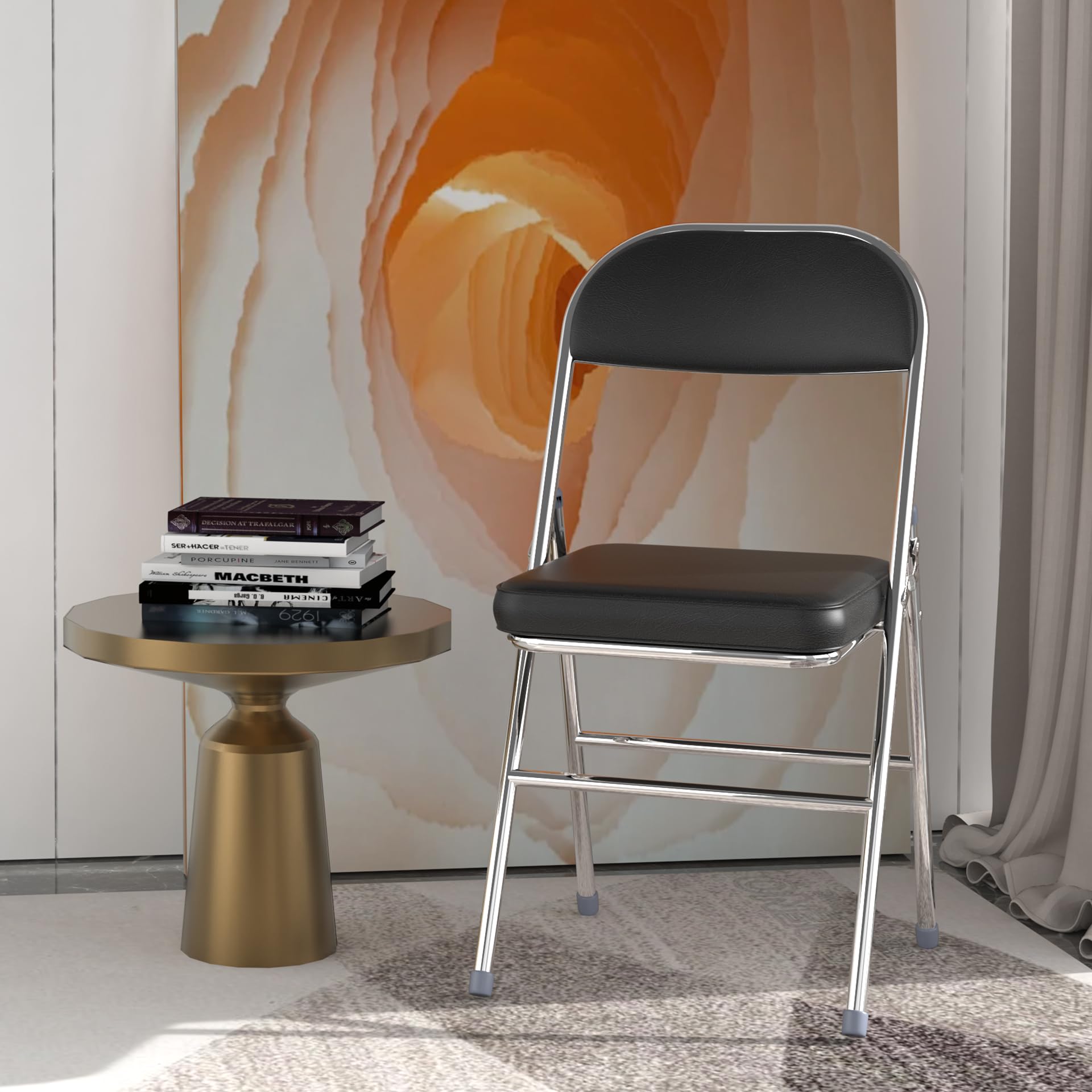 Lot de 4 Chaise Pliante, Chaises de Salle à Manger en PU, Cadre en métal, avec Dossier, 46x41x80.3cm, pour Salon, Bureau, Salle à Manger, Noir