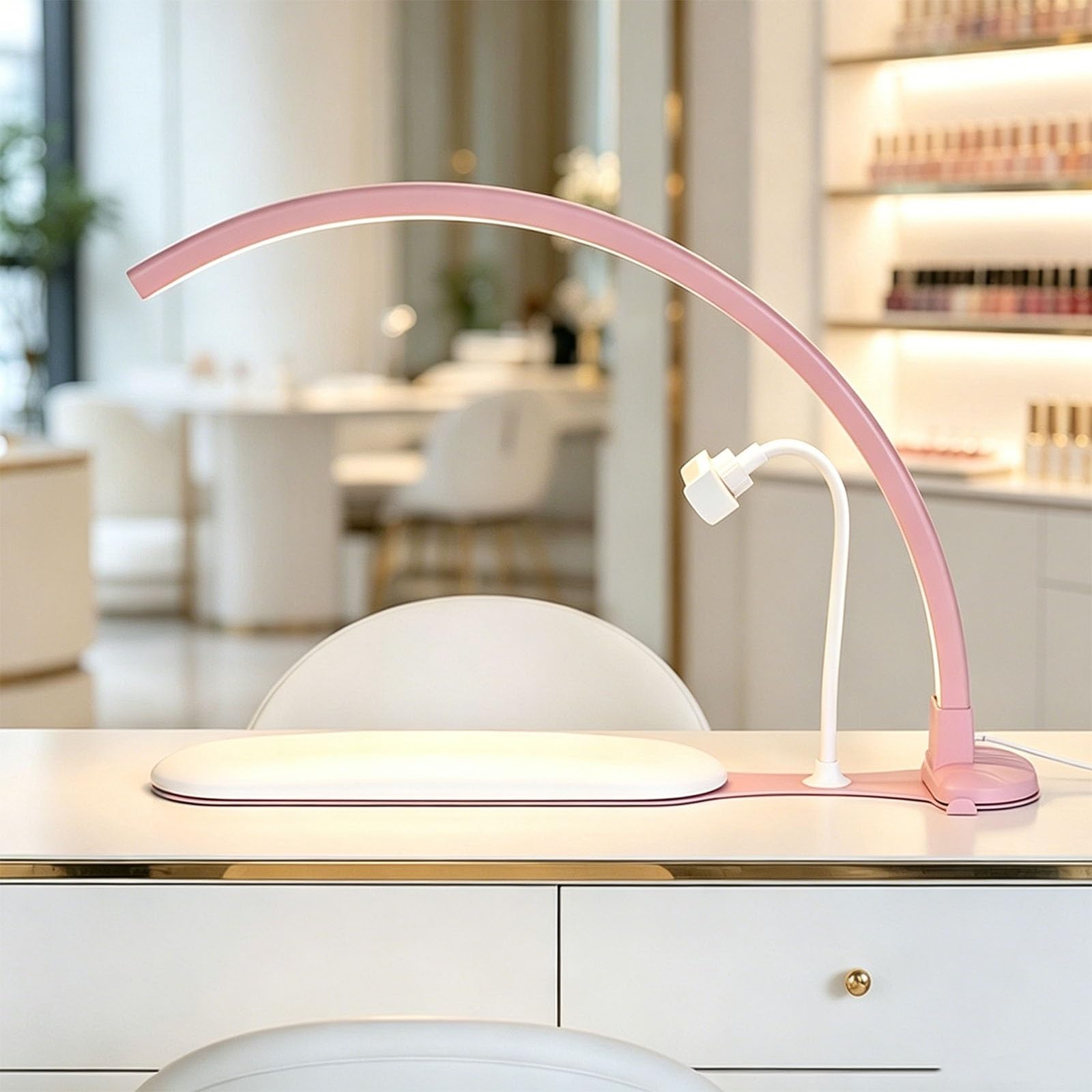 DAJIAYIQI Half Moon Light for Nail Desk: 23" Half Moon Nail Tech Light with Dual Phone Holder, 3 Color Modes & Stepless Dimming for Lash Eyelash Extension, Tattoo, Eyebrows(Pink)