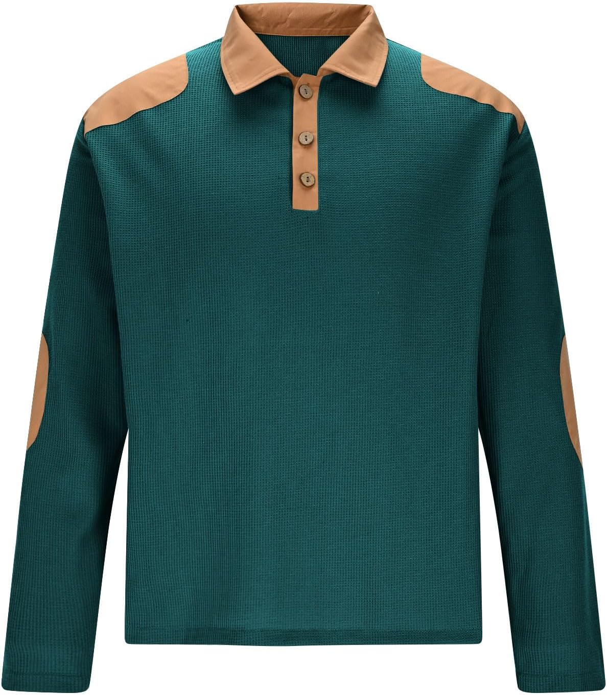 Mens Waffle Shirts Quarter Button Patchwork Long Sleeve Dressy Tshirt Casual Loose Fit Fashion Business Tops