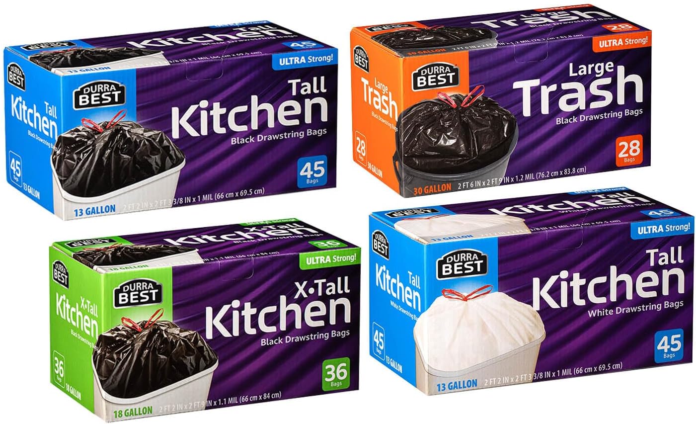 Drawstring trash bags Ultimate Mix Pack - 13 Gal (90ct), 18 Gal (36ct), 30 Gal (28ct)