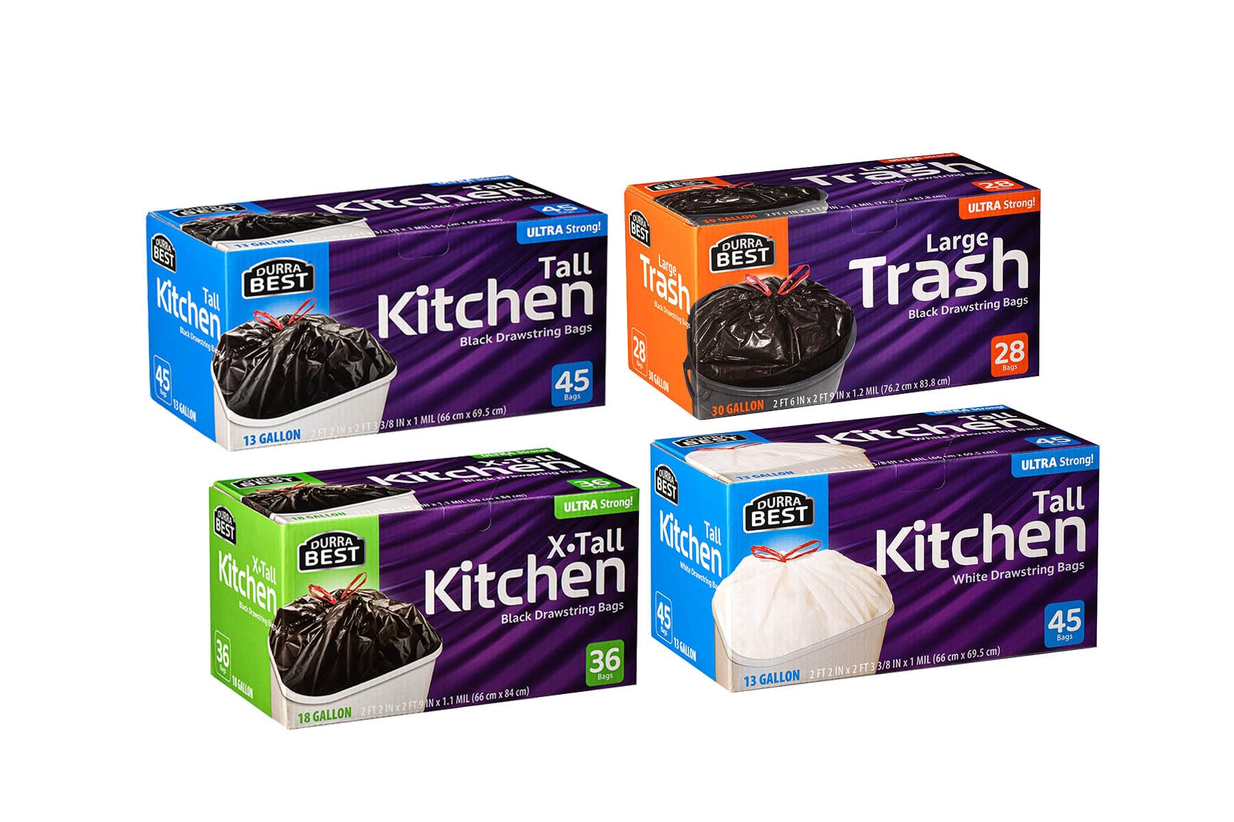 DURRA BEST Drawstring trash bags Ultimate Mix Pack - 13 Gal (90ct), 18 Gal (36ct), 30 Gal (28ct)