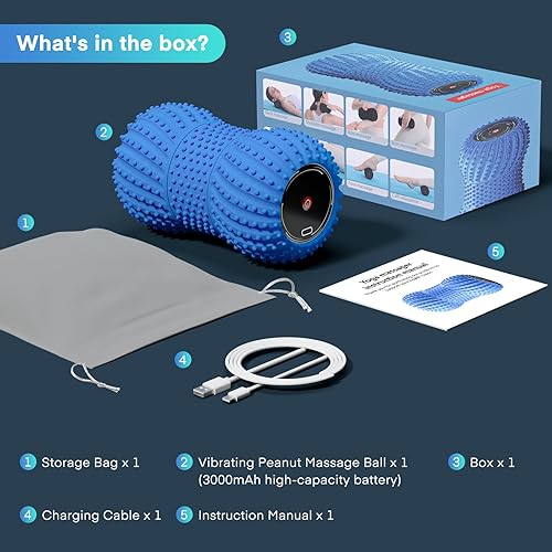 Miniatura 9 de Pelota de masaje de maní vibratoria 2 en 1 con 6 modos de masaje, bola de rodillo de masaje vibratoria recargable para recuperación muscular, azul