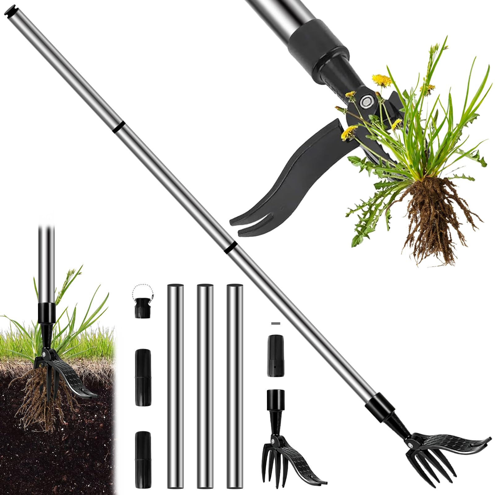 Hyhuiyin Weed Puller Tool,Stand Up Weeder Hand Tool 100CM Long Handle Garden Weeding Tool with Stainless 3 Claws and Foot Pedal Root Aluminium Handle Weeding Tools for Garden Kit