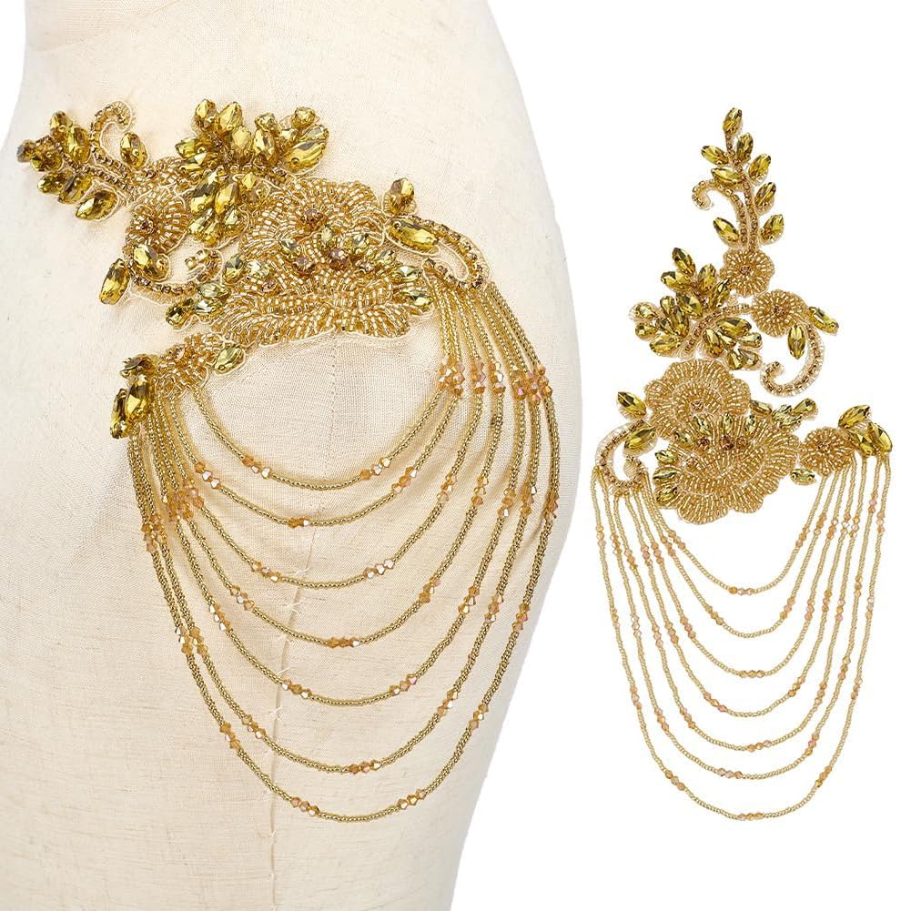 FINGERINSPIRE 1 Paar Strass-Applikation für Kleidung, goldene Schulterklappen, Schulteraufnäher, Nähen, Strass, Perlen, Quaste, Applikation für Hochzeitskleid, DIY-Zubehör