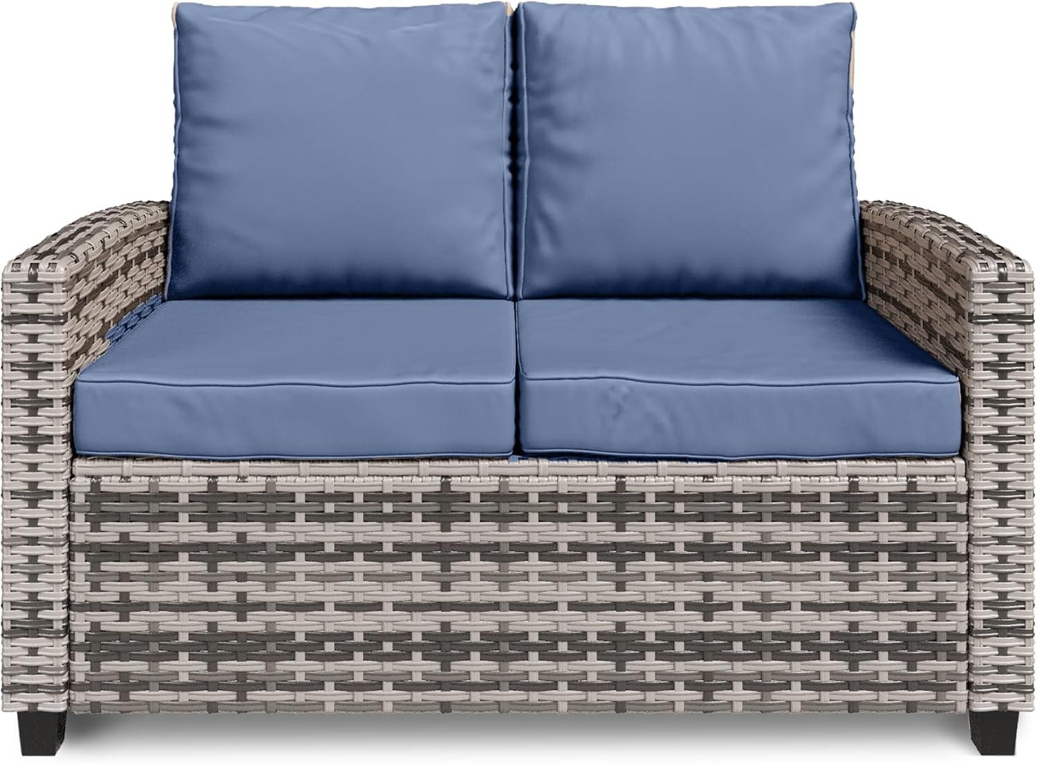 Outdoor Patio Loveseat, All-Weather Outdoor Wicker Sofa with Comfy Cushions, Patio Furniture Set 2 Person Couch, High Back Rattan Couch for Garden, Balcony, and Deck- Blue