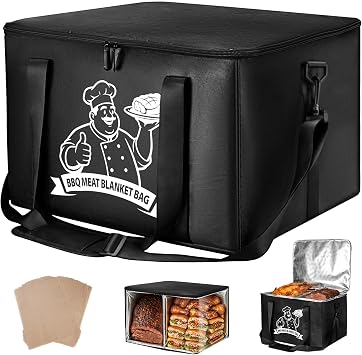 DAMNISS BBQ Blanket for Resting Meat, Extra Large Meat Resting Bag, Dual Compartments, Holds 28lb Brisket, Upgraded Double-Layer Foil Insulation Hot Longer, BBQ Blanket with 25 BBQ Papers- Black