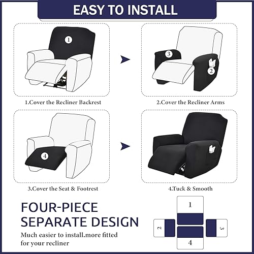 Miniatura 56 de Funda reclinable, elástica, suave, antideslizante, para silla reclinable, 4 piezas, protector de muebles para sillón reclinable con bolsillo