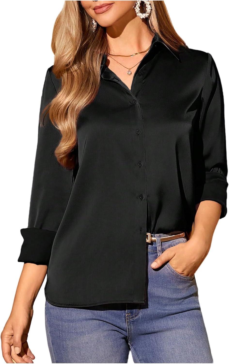 SweatyRocks Women's Button Down Shirts Collar V Neck Long Sleeve Work Business Blouse Top Dressy Casual Shirt - Image 3