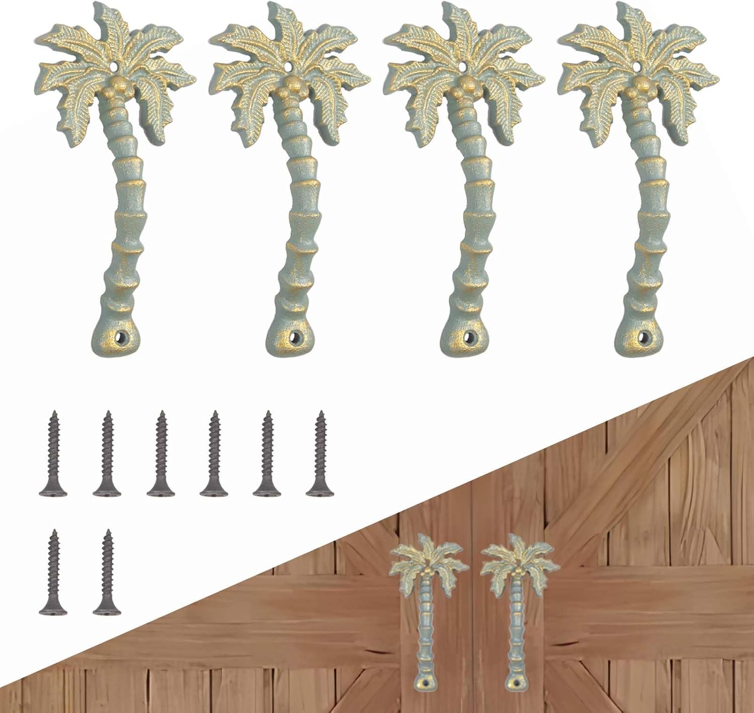 4 Pack Barn Door Handles, 7.5" Heavy Duty Gate Door Pull Handle Coconut Tree Shaped Antique Metal Barn Door Handles Large Rustic Carved Doors Pulls for Barn Doors, Gates Garages Sheds, Cabinet, Closet