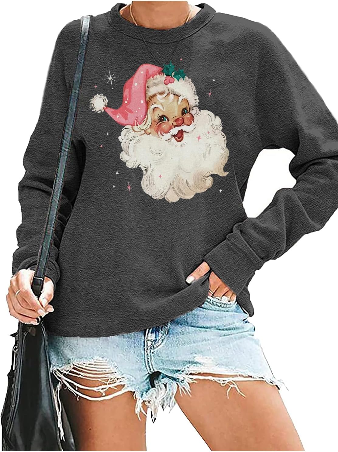 MYCHTE Retro Pink Santa Christmas Sweatshirt Women Vintage Santa Claus Graphic Tee Casual Long Sleeve Xmas Pullover Top - Image 2