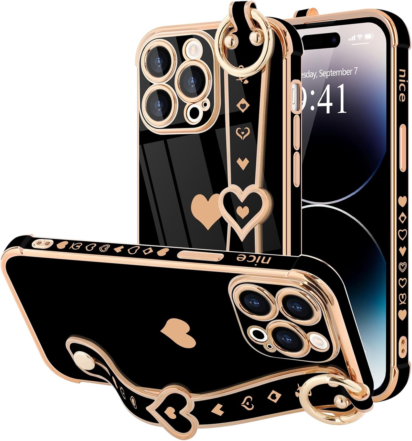 for iPhone 14 Pro Case Cute Love-Heart Plating Strap Phone Cover for Women Girls Bling Soft Silicone Camera Lens Protection Bumper Shockproof Phone Case for iPhone 14 Pro (6.1'')-Black