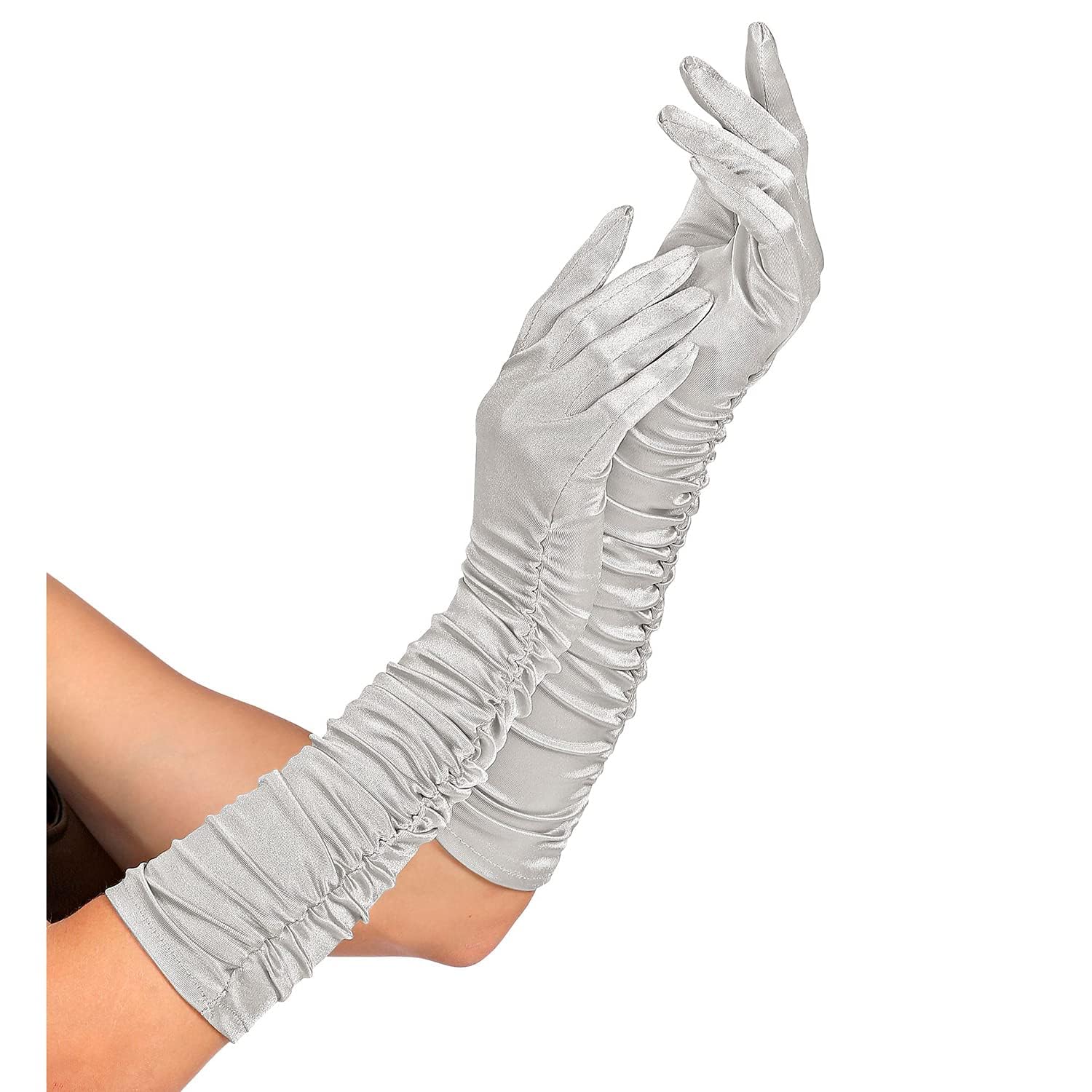 W WIDMANN MILANO Party Fashion - Gathered Satin Gloves, 1 Pair, Length 44 cm, Accessory 20s, silver